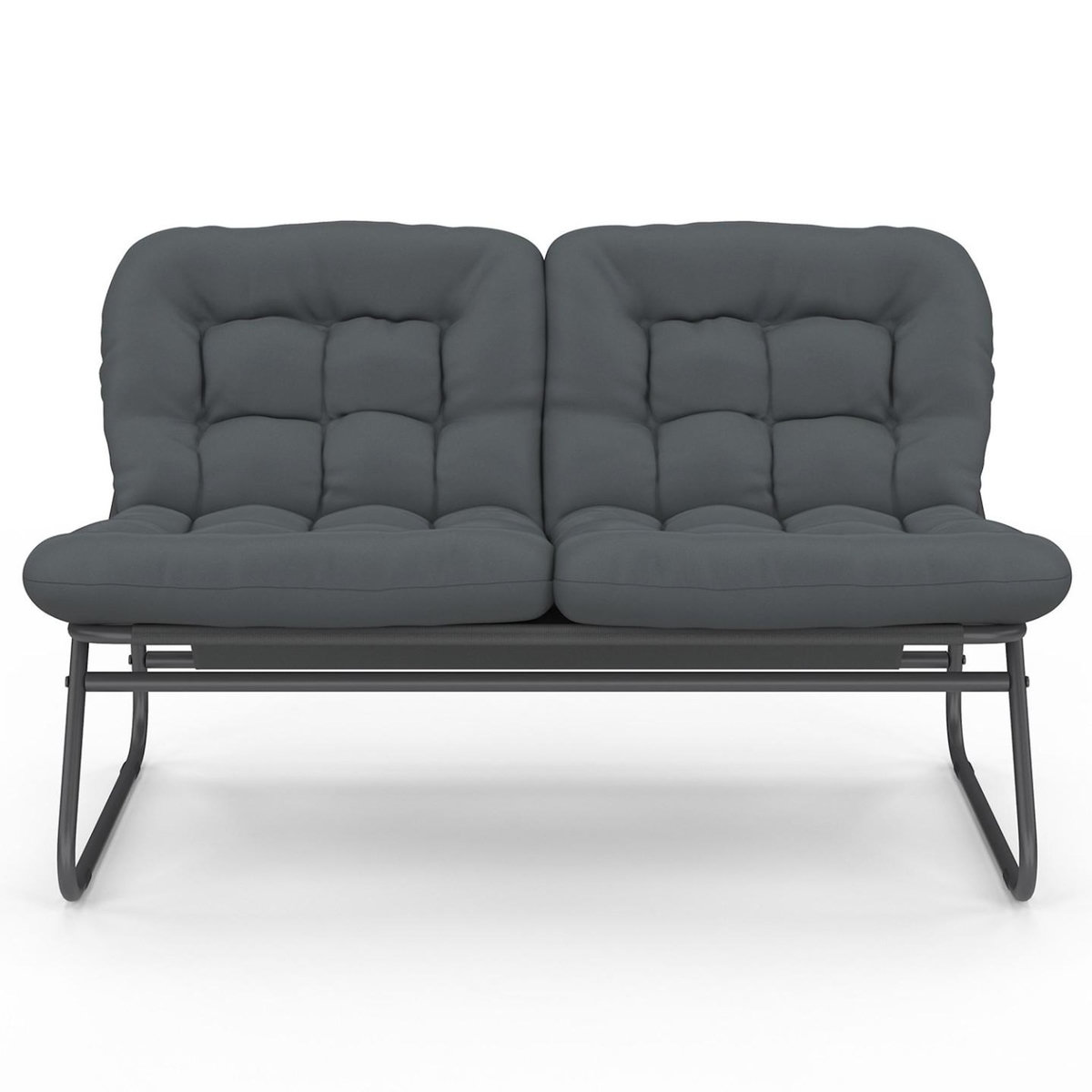 ID MARKET Salon de jardin ARONA bas 4 places en métal gris anthracite et coussins gris avec canapé, fauteuils et table