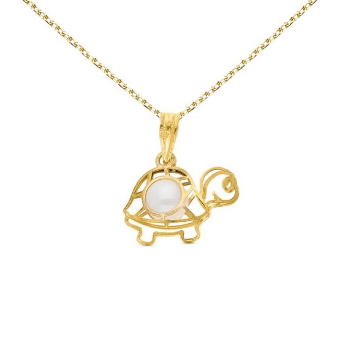L'ATELIER D'AZUR Collier - Pendentif Tortue Or Jaune et Perle - Chaine Dorée