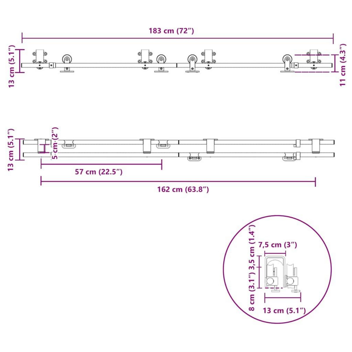 VIDAXL Kit fixation porte coulissante 183 cm Acier inoxydable Argente