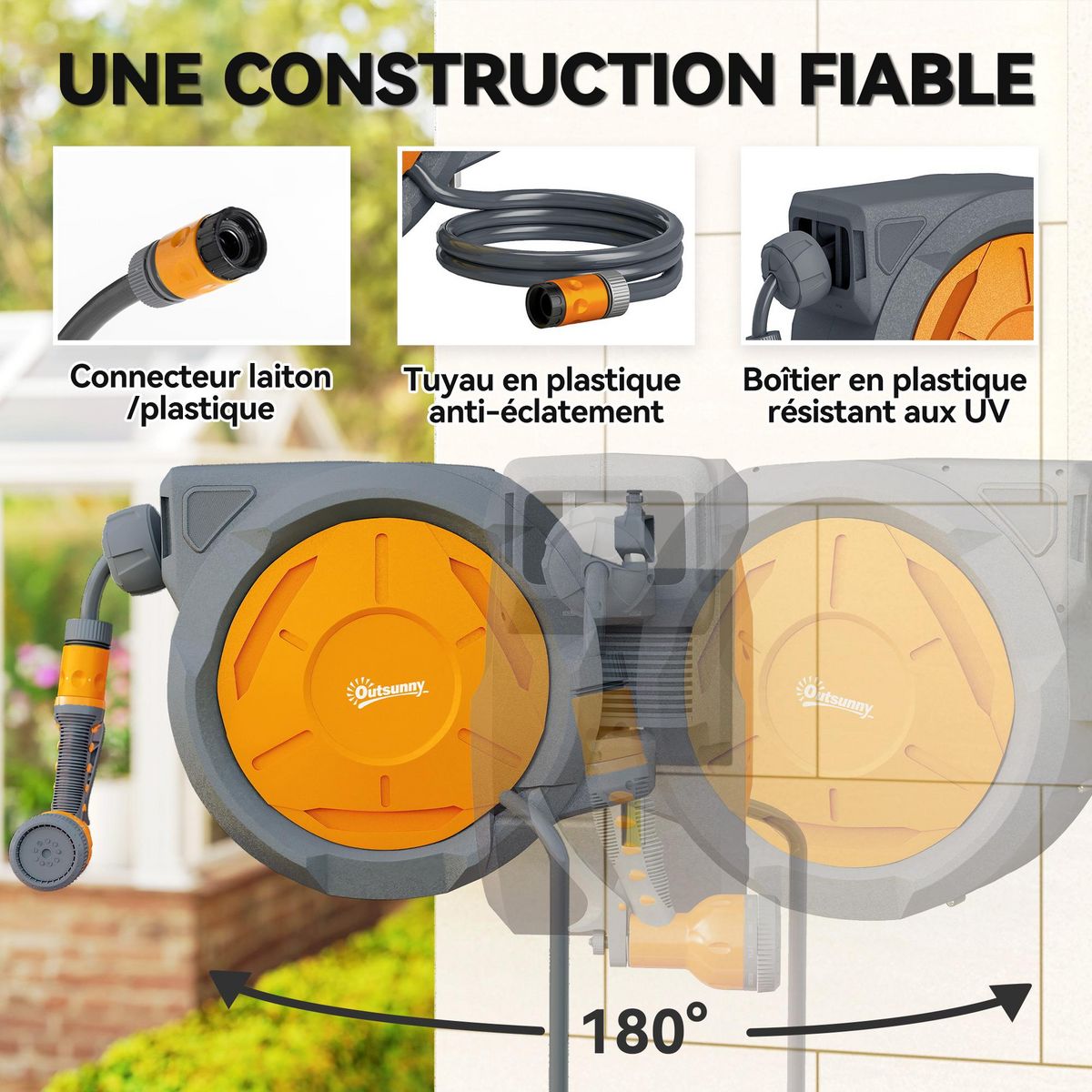 OUTSUNNY Dévidoir mural enrouleur automatique pivotant 180° tuyau 30+2m avec pistolet arrosage support mural intégré orange gris