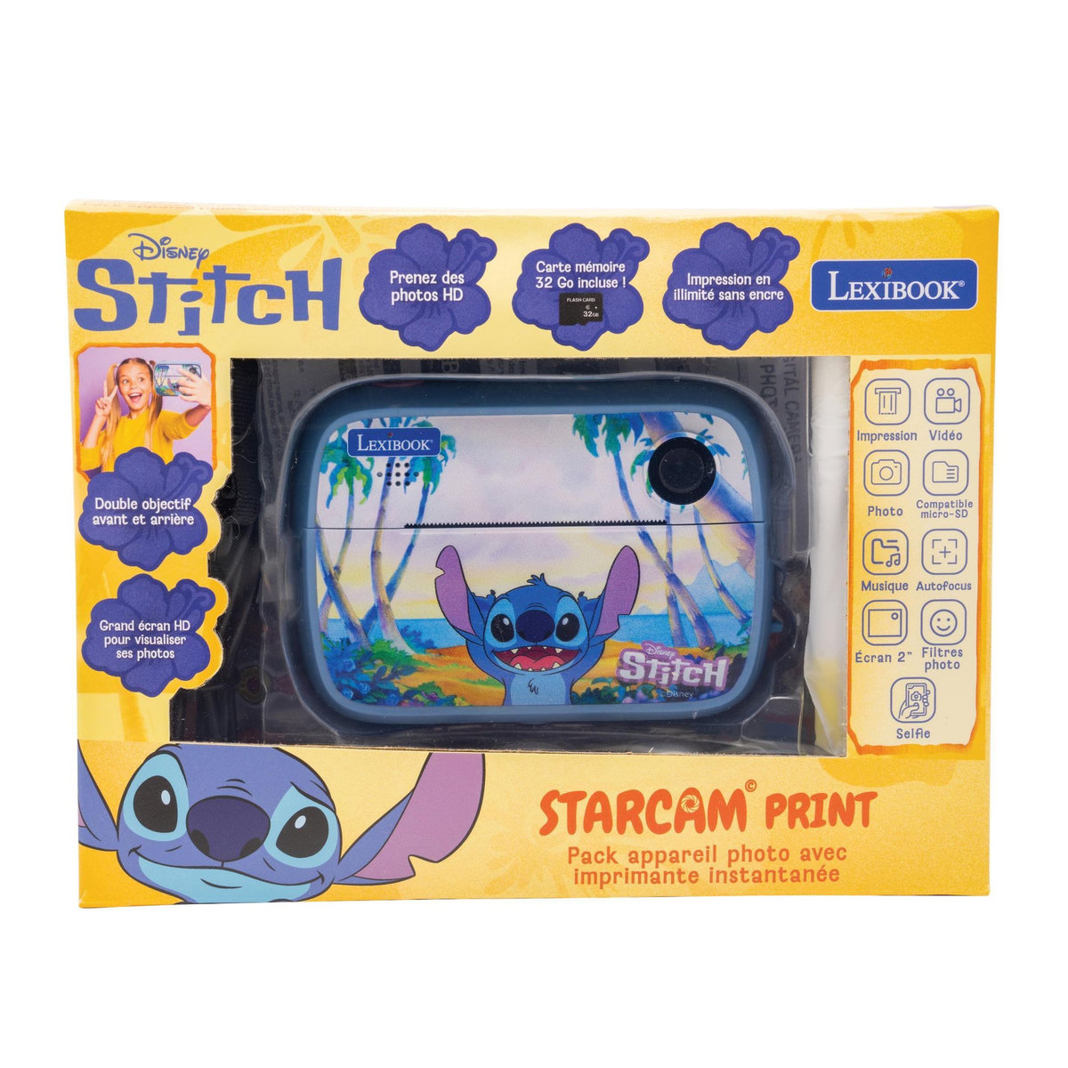 Lexibook Starcam® Print Disney Stitch, pack appareil photo numérique HD avec imprimante instantanée, carte SD et kit de personnalisation des photos