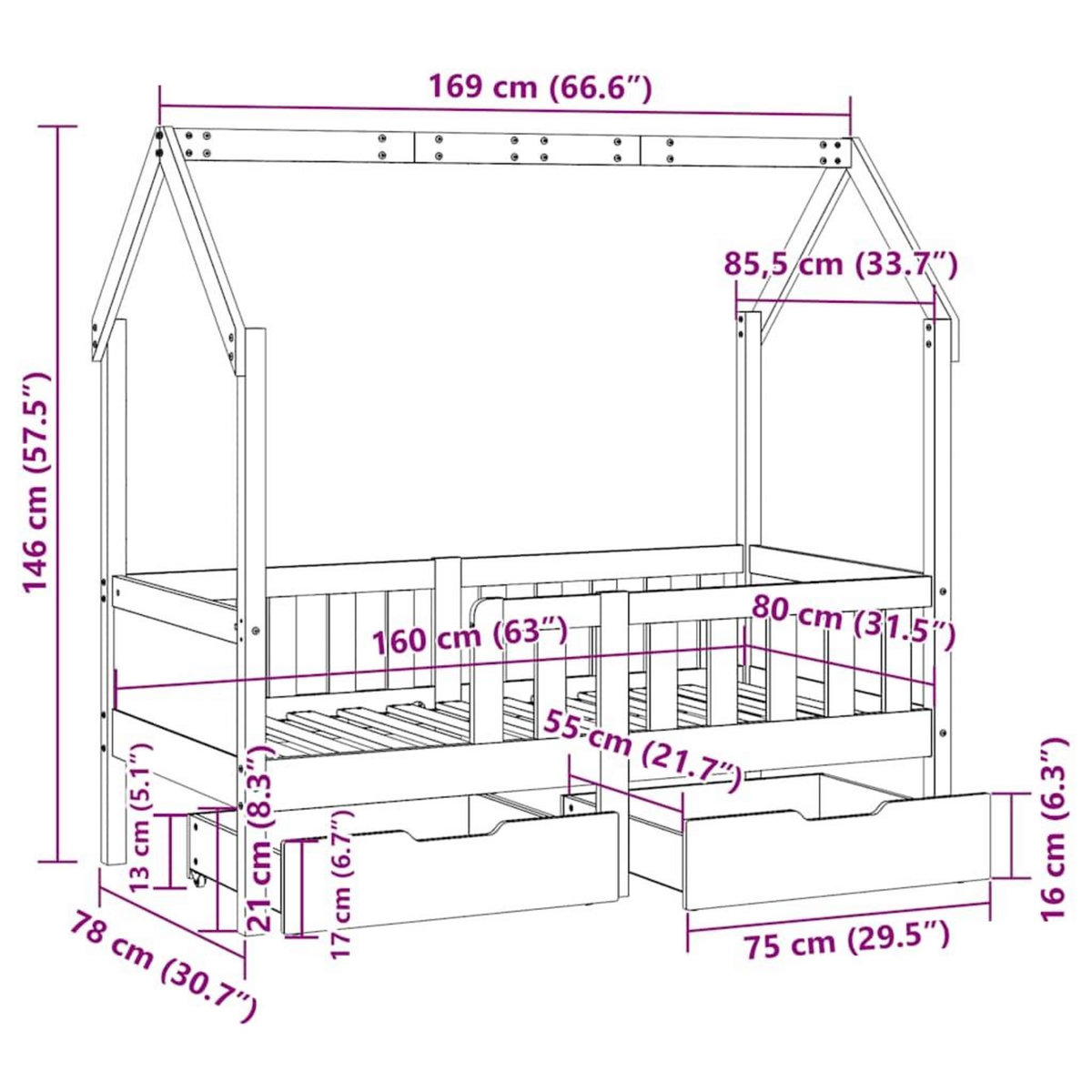 VIDAXL Cadre de lit enfant avec tiroirs sans matelas 80x160 cm bois