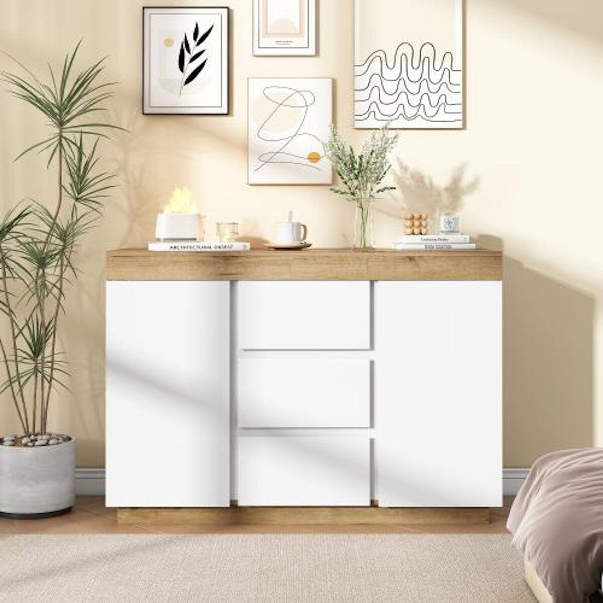 MERAX Buffet 3 porte(s) 3 tiroir(s) - 120,5 cm blanc+naturel panneau de particules