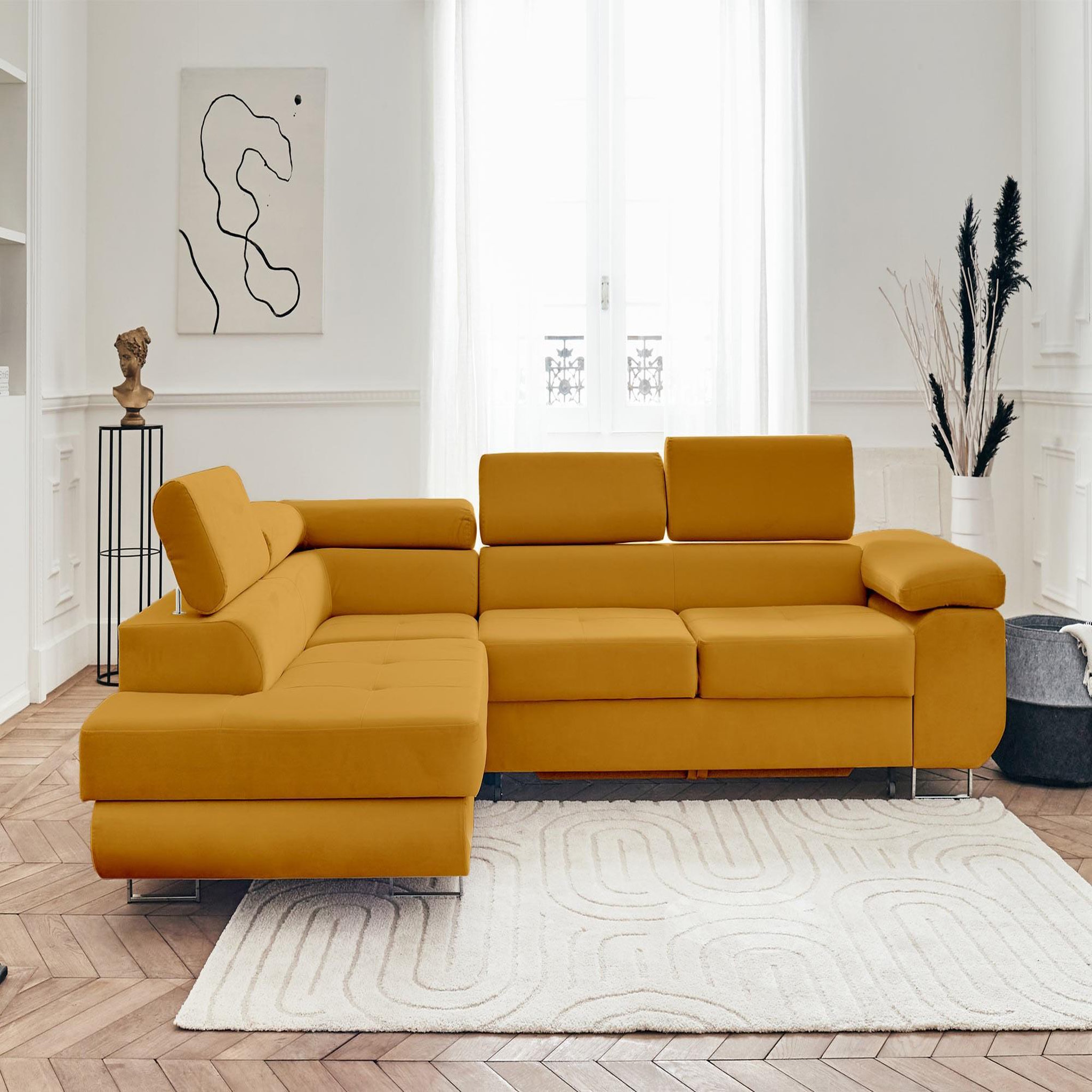 Voir la diapositive 6 : BEST MOBILIER Pablo - canapé d'angle gauche - 5 places - convertible avec coffre et têtières réglables - en velours