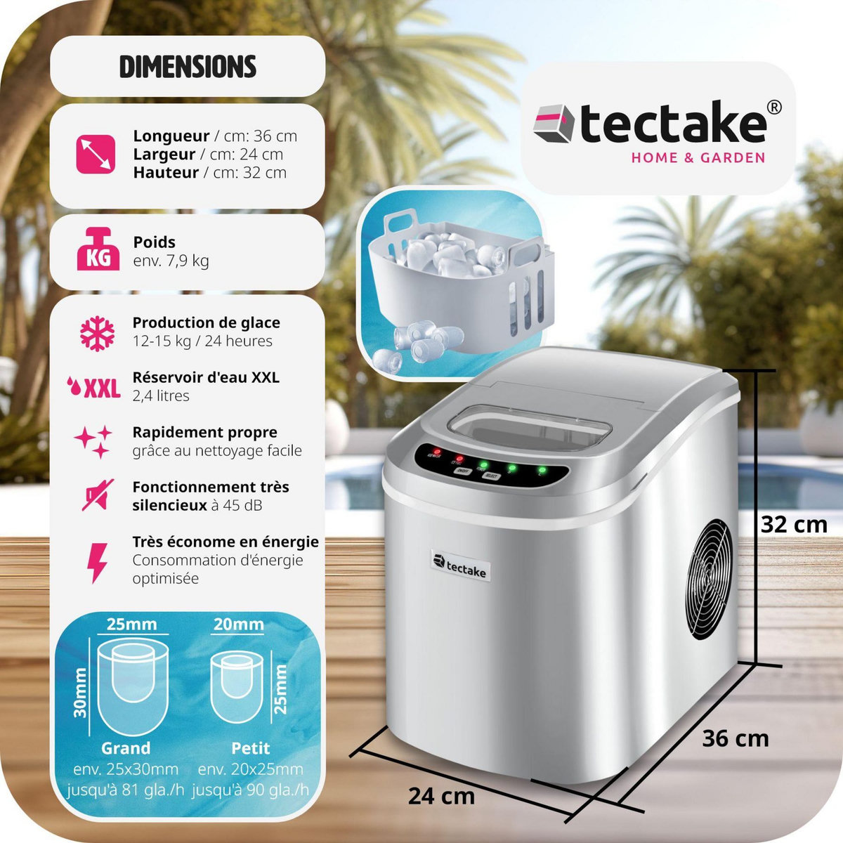 tectake Machine à glaçons 2,4 L réservoir d'eau argent