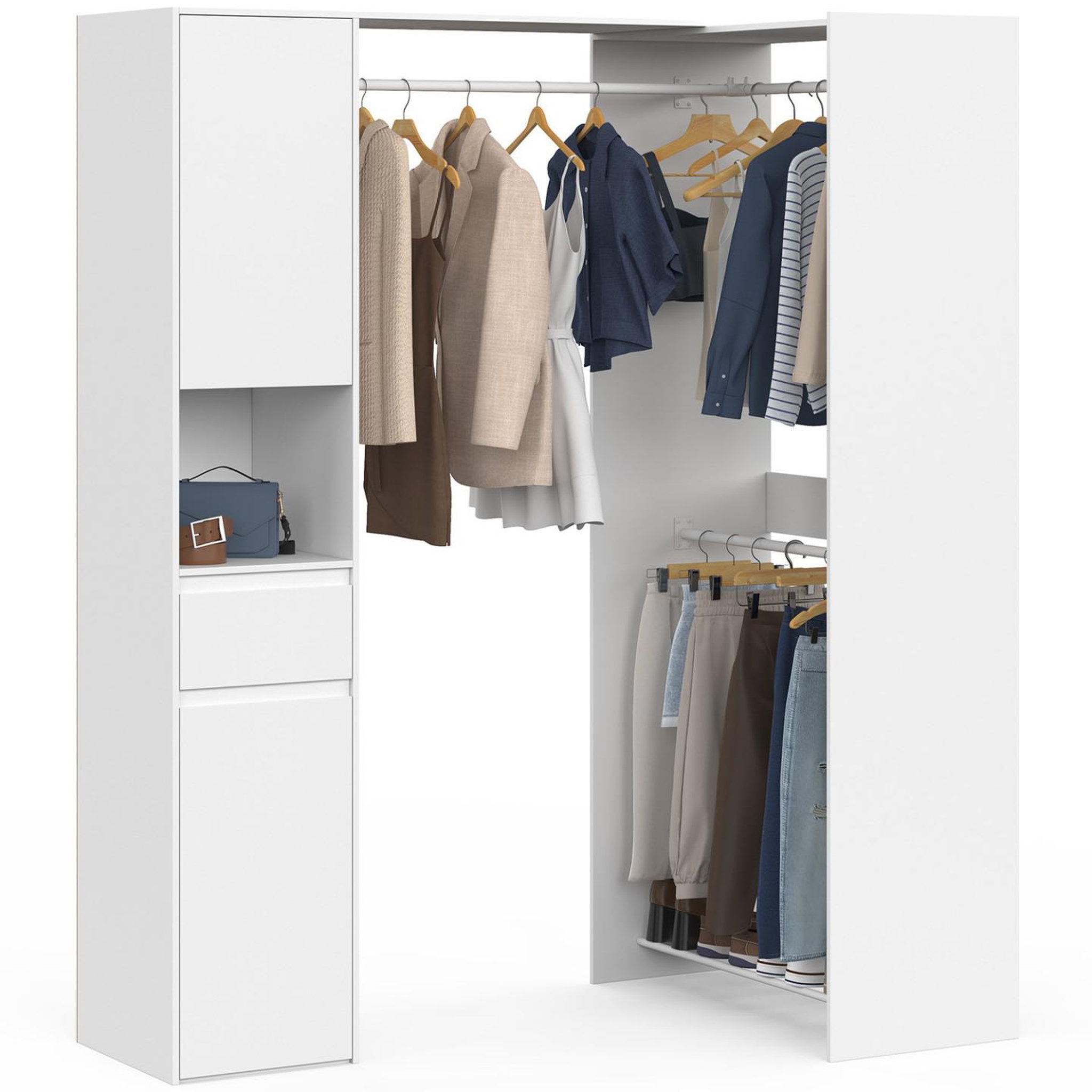 ID MARKET Dressing d'angle modulable l. 145 / 203 cm melman triple penderie + portes + tiroir + étagères blanc