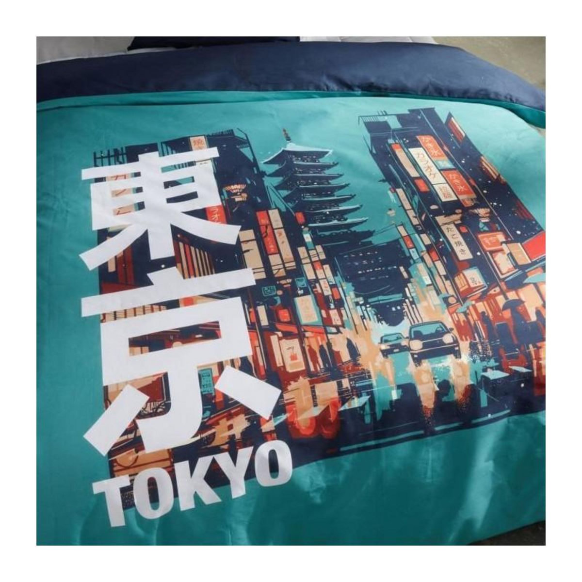 Today Parure de lit - TODAY - JAVA - 2 personnes - 240x220 cm - Coton - Imprimé Tokyo - Turquoise