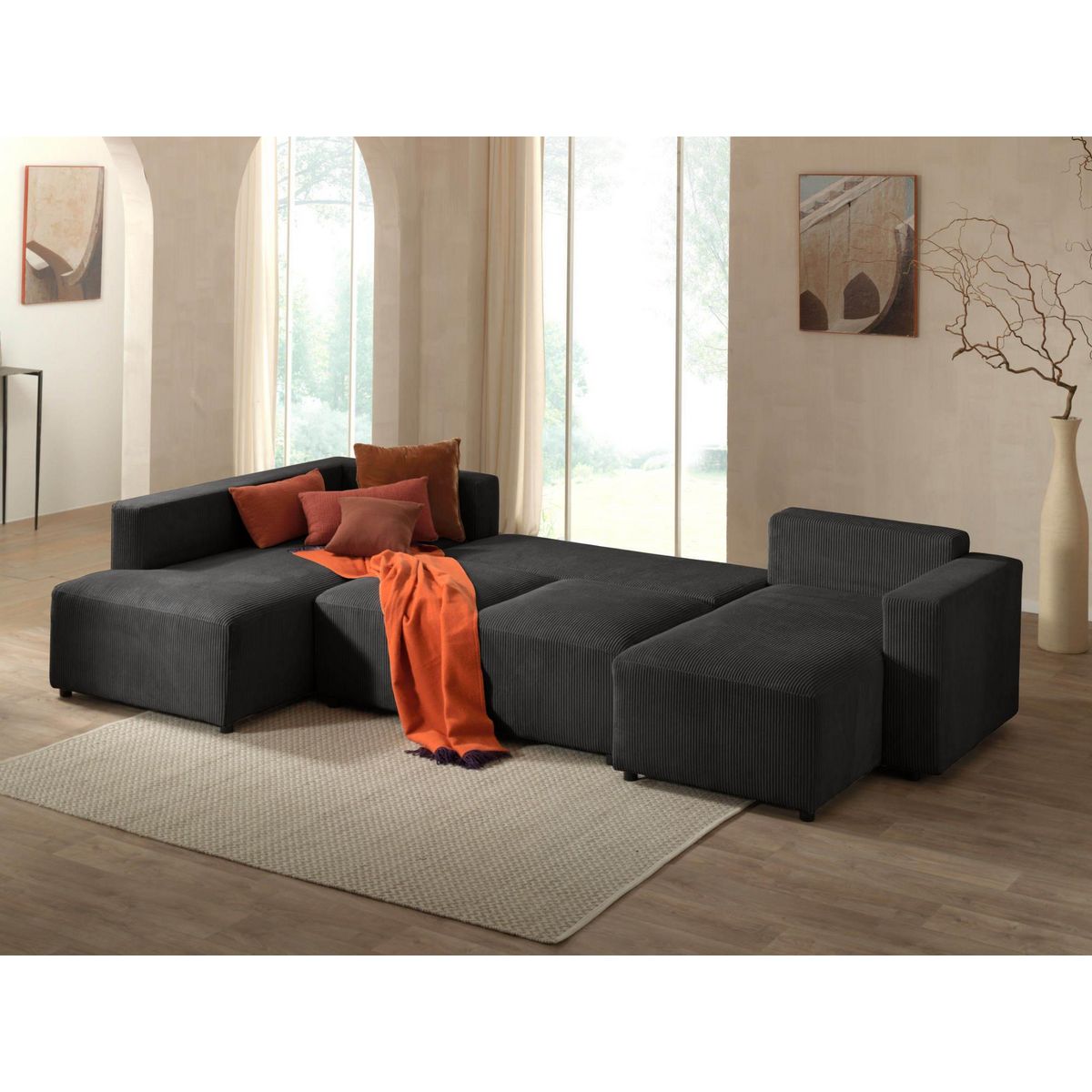 LISA DESIGN Livy - canapé panoramique convertible - avec coffre - en velours côtelé - 7 places - gauche