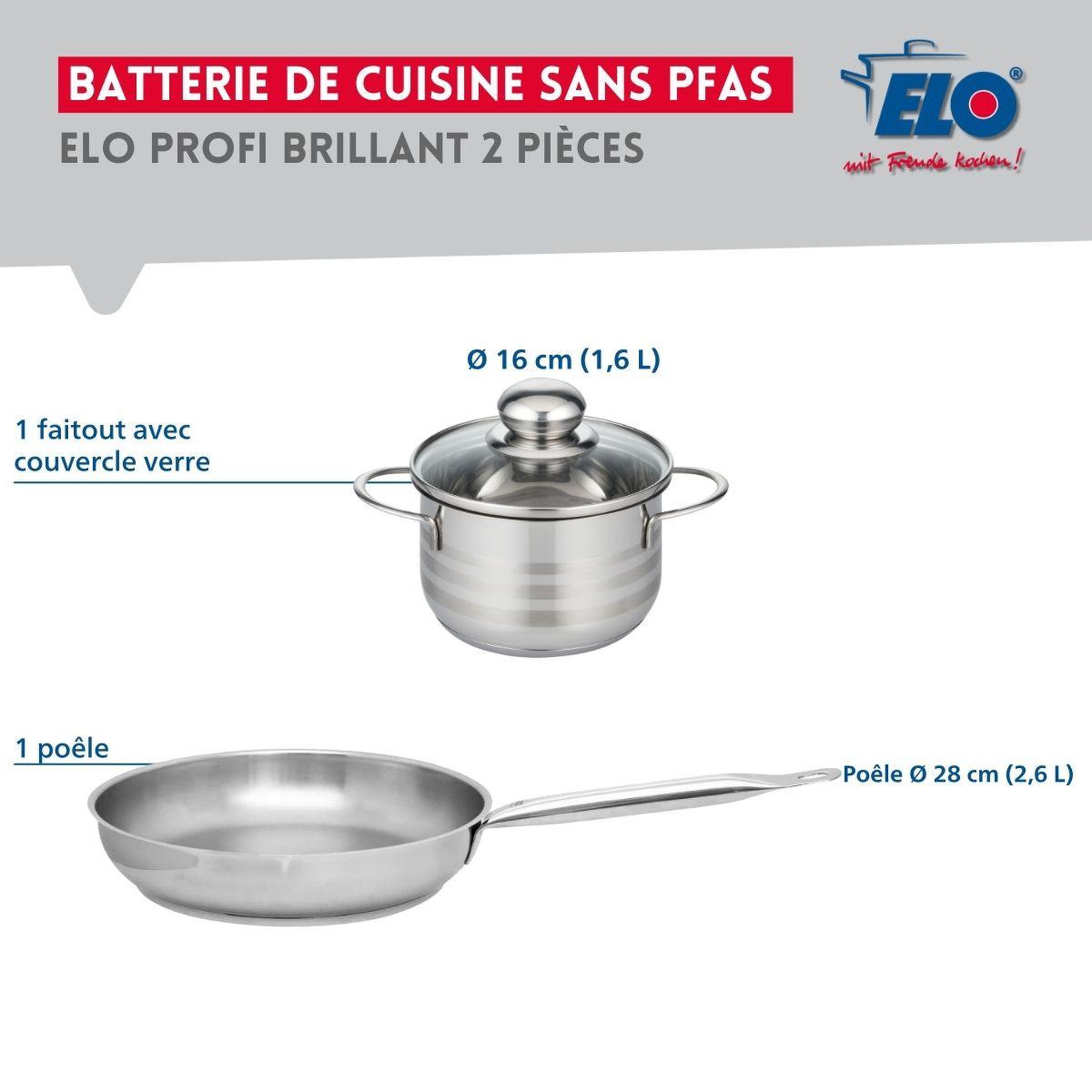 Voir la diapositive 2 : ELO Ensemble de 1 poêle de cuisson 28 cm et 1 faitout 16 cm elo profi brillant