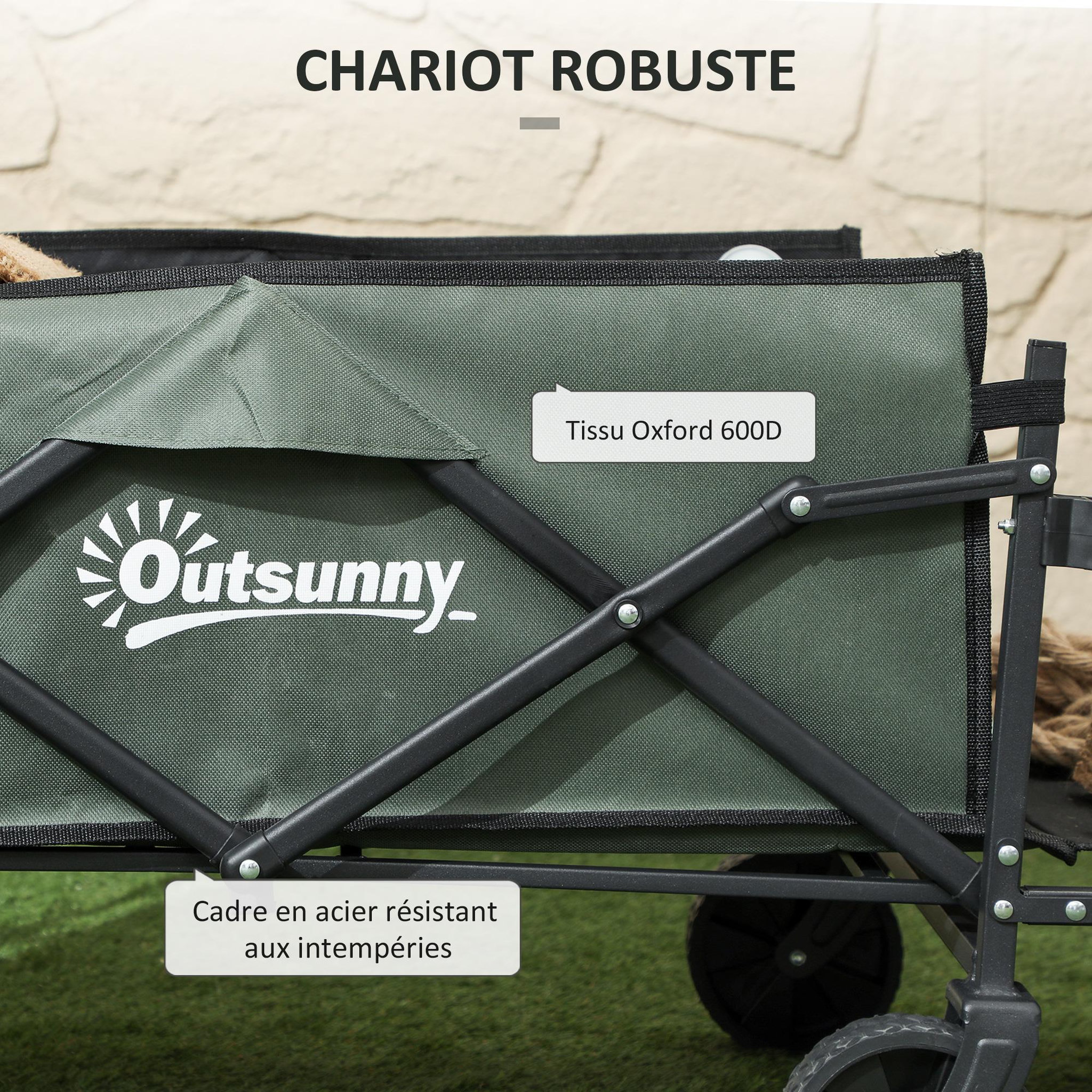 Voir la diapositive 5 : OUTSUNNY Chariot de transport jardin pliable - poignée télescopique, ouverture arrière, pochettes - acier noir tissu kaki