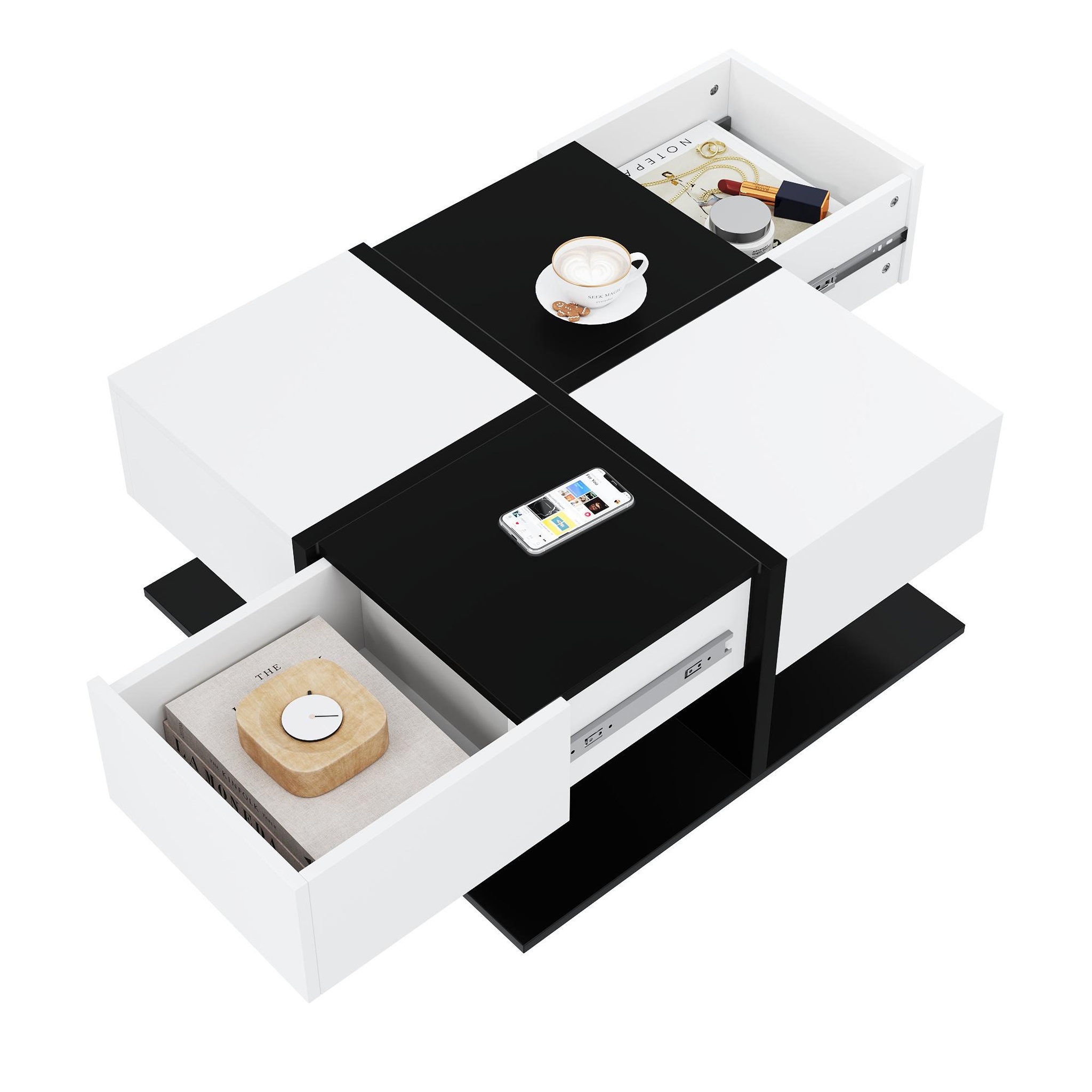 MERAX Table basse carrée noir+blanc avec 2 tiroirs - 70x70 cm panneau de particules