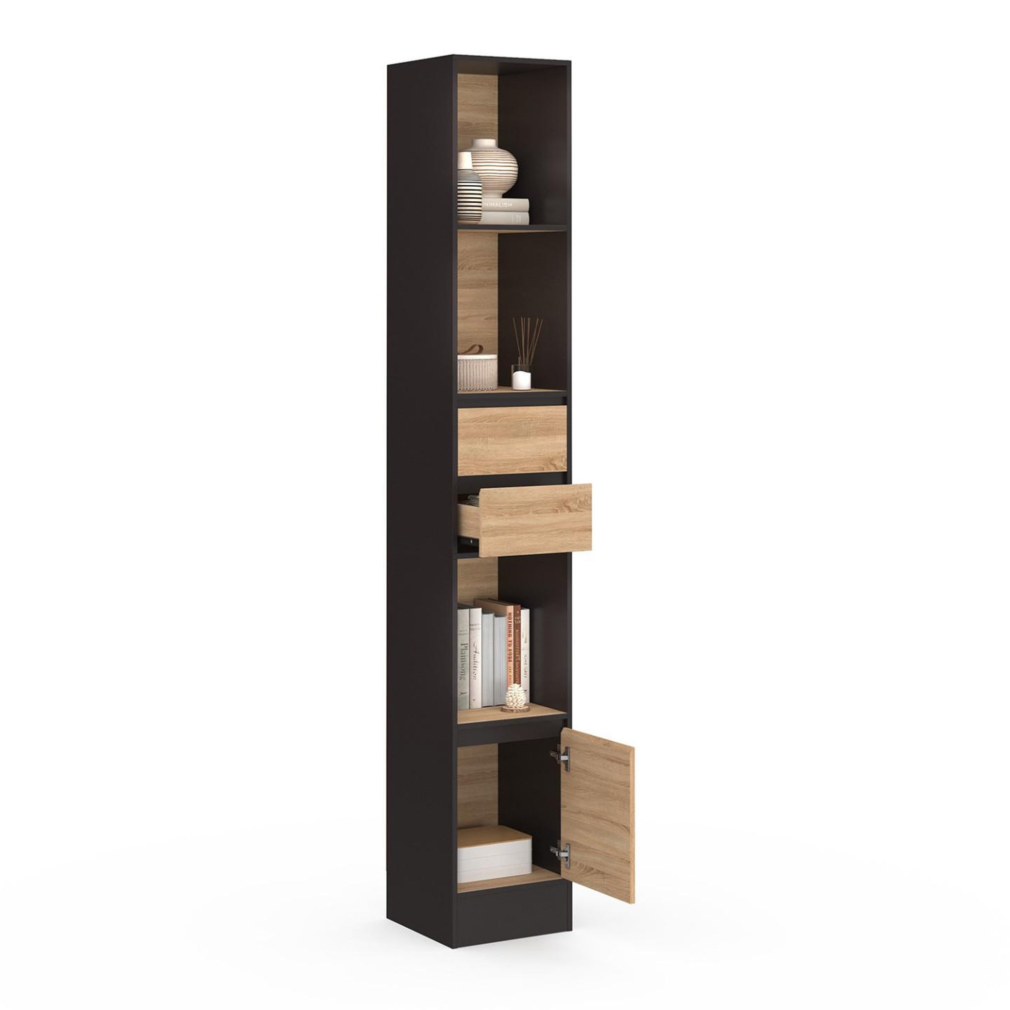 Voir la diapositive 4 : ID MARKET Etagère bibliothèque carla 3 étagères 2 tiroirs 1 placard noir et effet bois 190 cm
