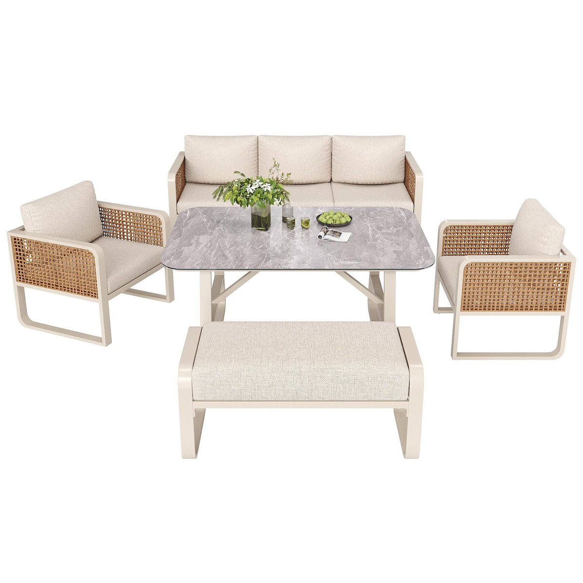MERAX Salon de jardin 7 places en acier avec table d'appoint, coussins lavables, pieds réglables, beige