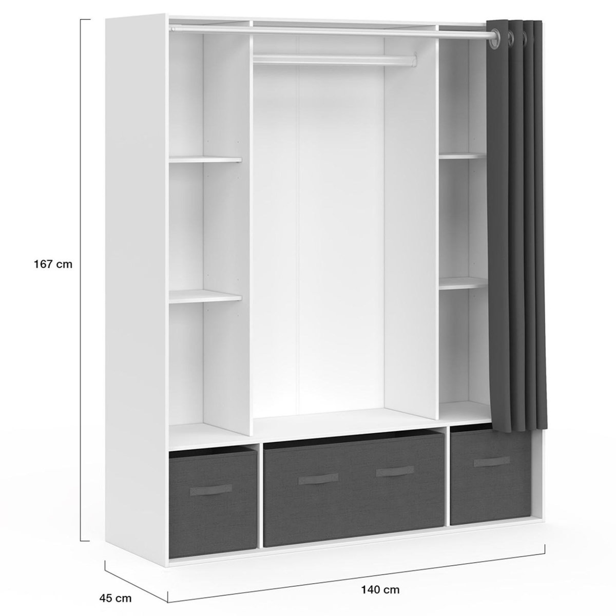 ID MARKET Dressing double penderie DIANE 140 x 45 x 167 cm blanc avec étagères + boites de rangement + rideau gris