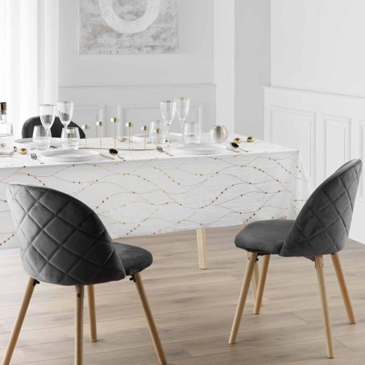 Paris Prix Nappe Antitache Imprimé  Firmament  140x240cm Blanc & Or