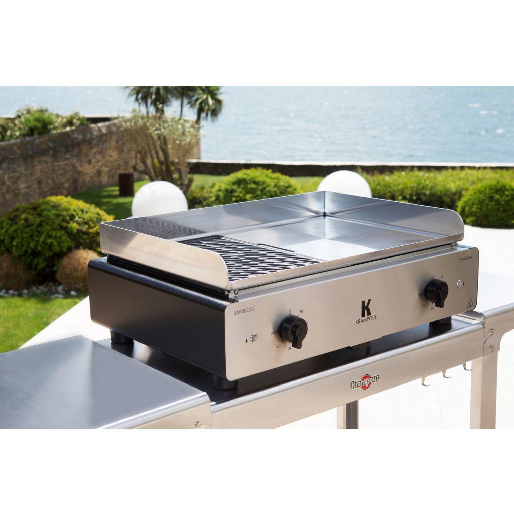 Voir la diapositive 2 : KRAMPOUZ Plancha électrique gecio2oa00 gecio2oa00 inox zones barbecue/plancha 2 brûleurs à poser, 70x40 cm