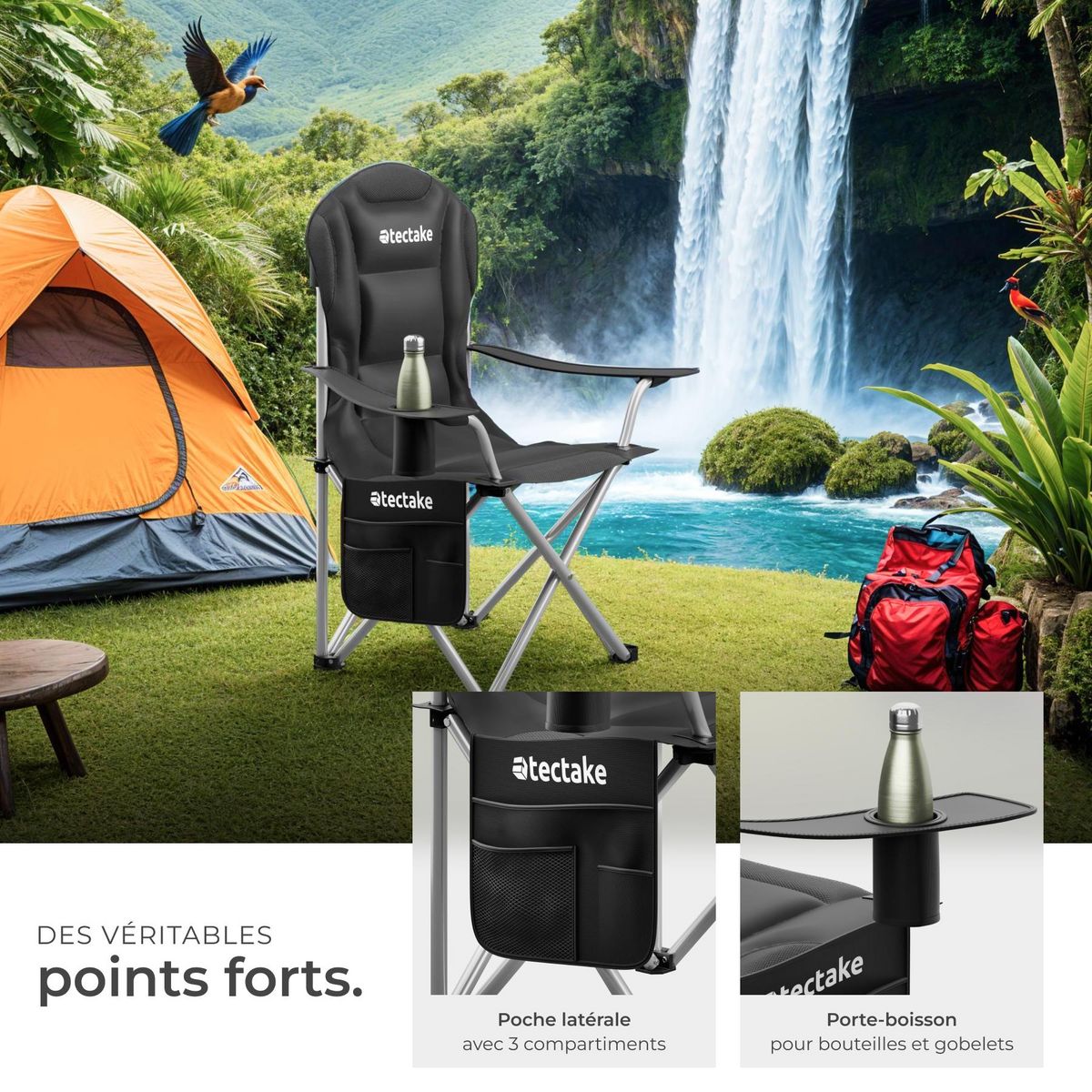 tectake Chaise de camping rembourrée pliable avec sac de transport inclus noir