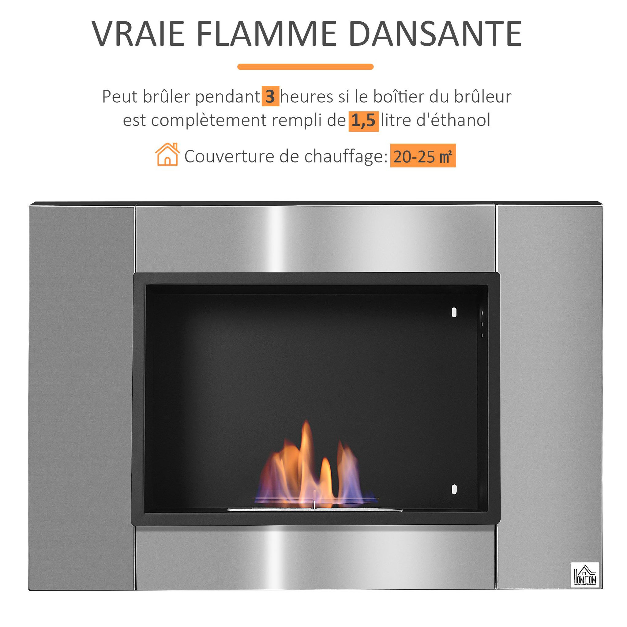 Voir la diapositive 5 : HOMCOM Cheminée bioéthanol murale design Bauhaus 1 brûleur 0,9 L couverture 20-25 m² acier inox brossé