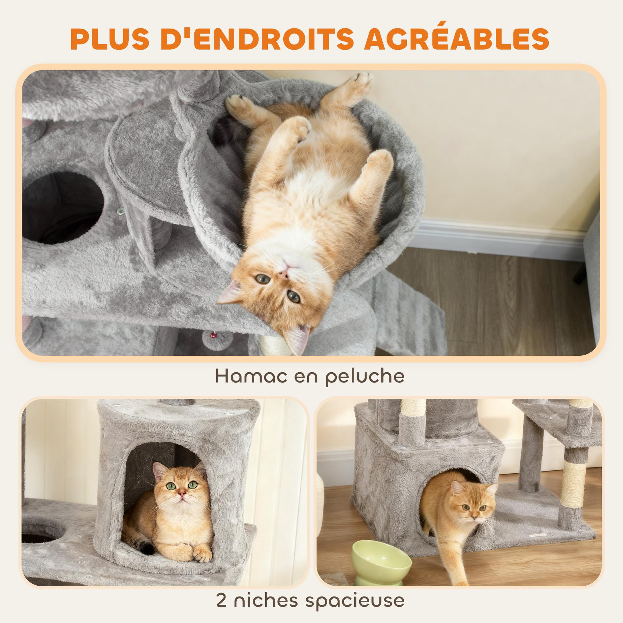 Voir la diapositive 5 : PAWHUT Arbre à chat design gris clair multi-activités - zones de repos, griffoirs - h.170 cm