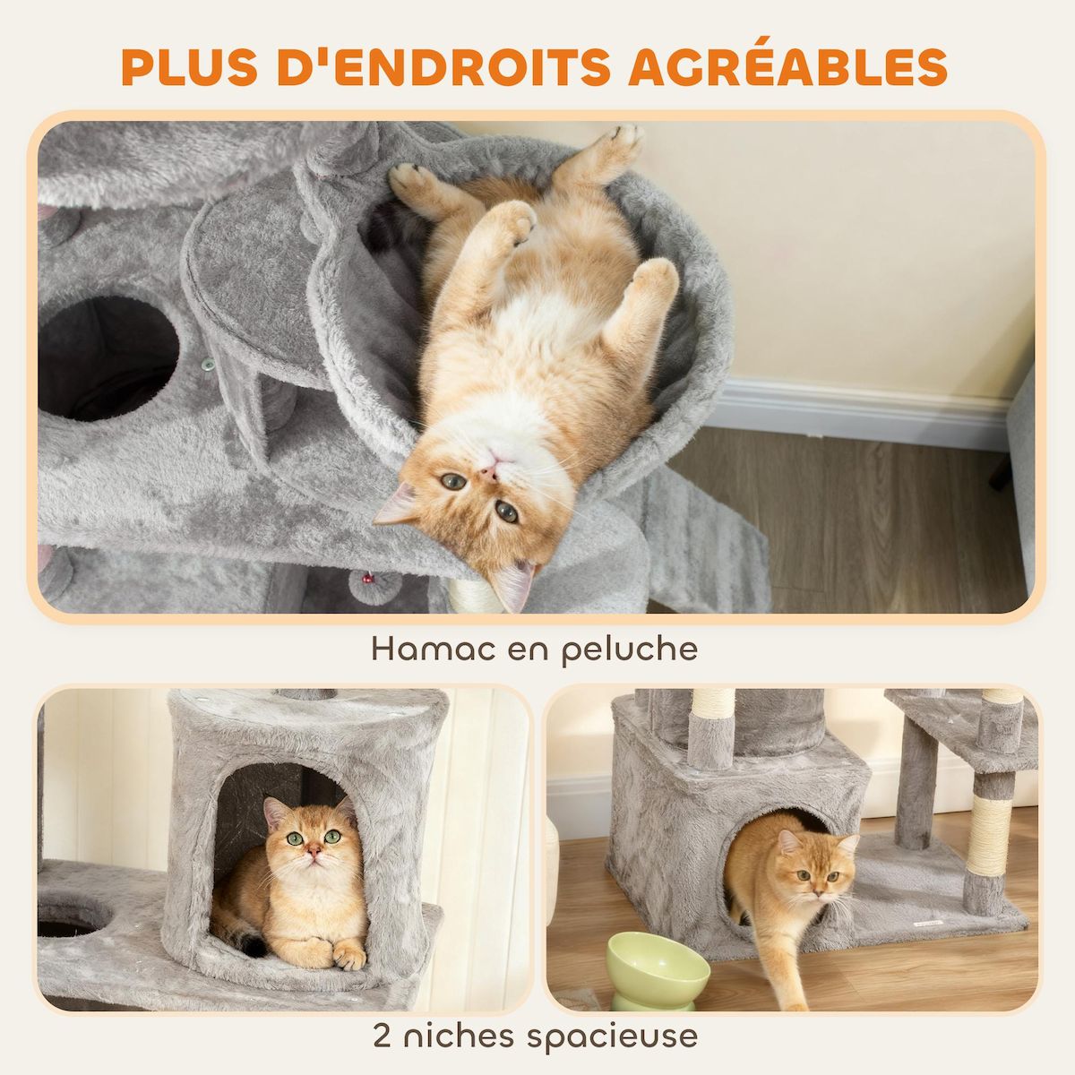 PAWHUT Arbre à chat design gris clair multi-activités - zones de repos, griffoirs - H.170 cm
