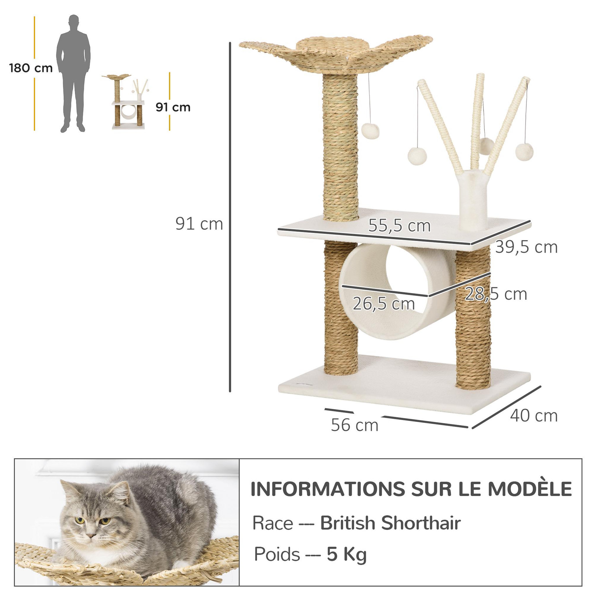 Voir la diapositive 3 : PAWHUT Arbre à chat style cosy chic fleur - griffoirs, tunnel, plateformes, 4 jeux de boules -  peluche blanche quenouille tressée