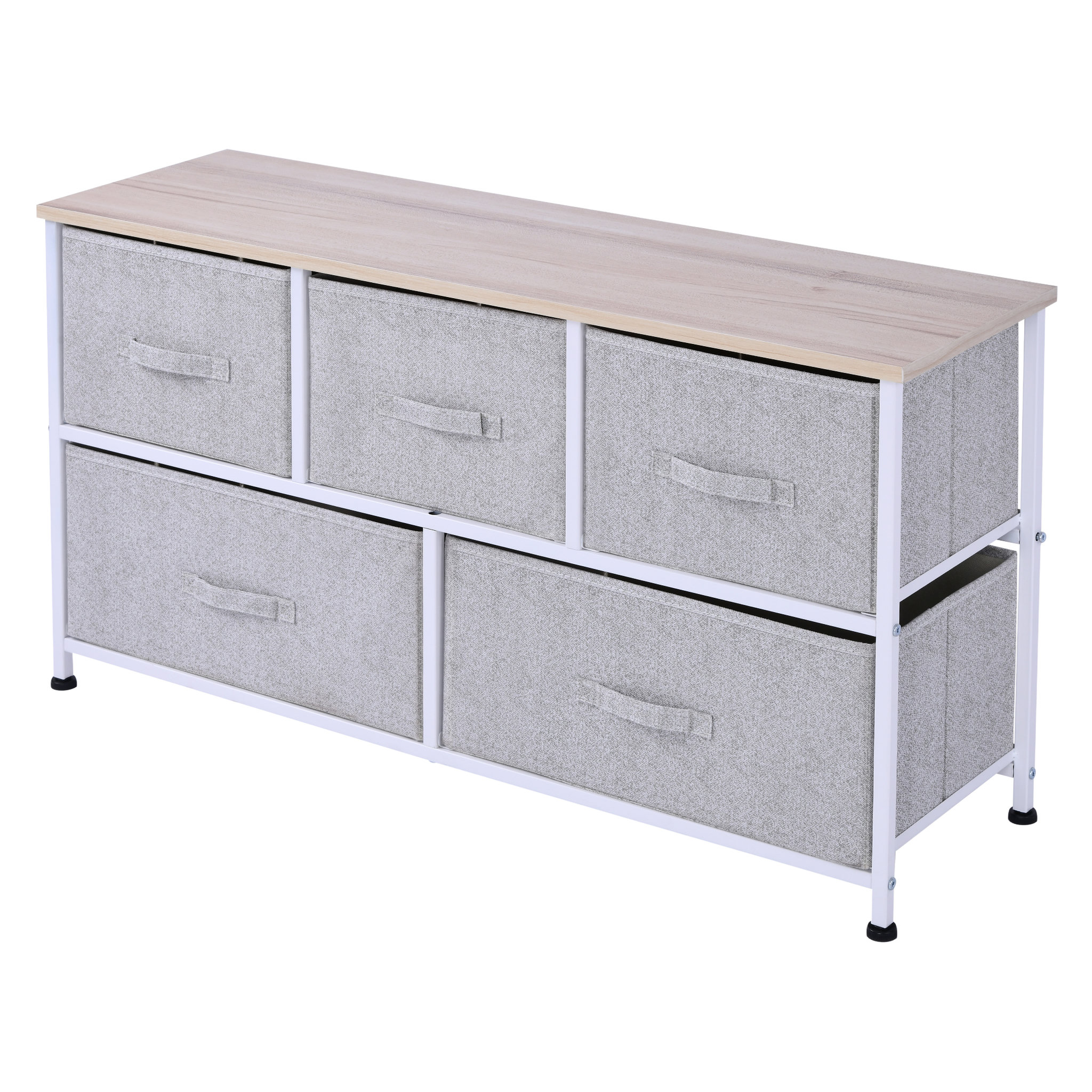 Voir la diapositive 1 : HOMCOM Commode meuble de rangement dim. 100L x 30l x 54H cm 5 tiroirs non-tissés gris structure métal blanc plateau MDF bois clair