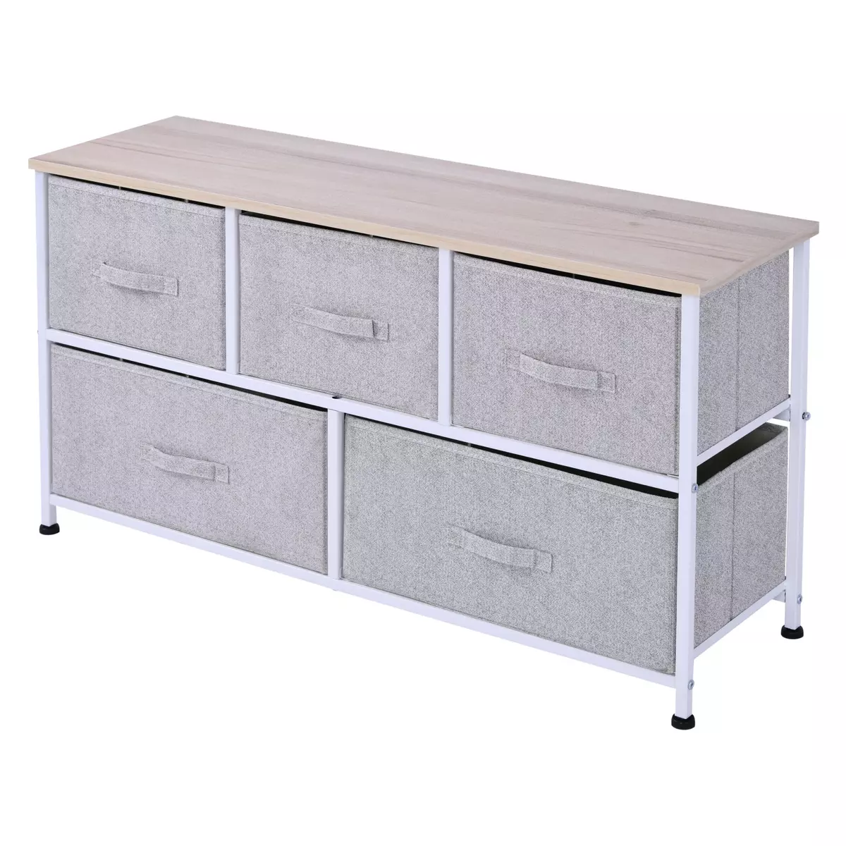 HOMCOM Commode meuble de rangement dim. 100L x 30l x 54H cm 5 tiroirs non-tissés gris structure métal blanc plateau MDF bois clair