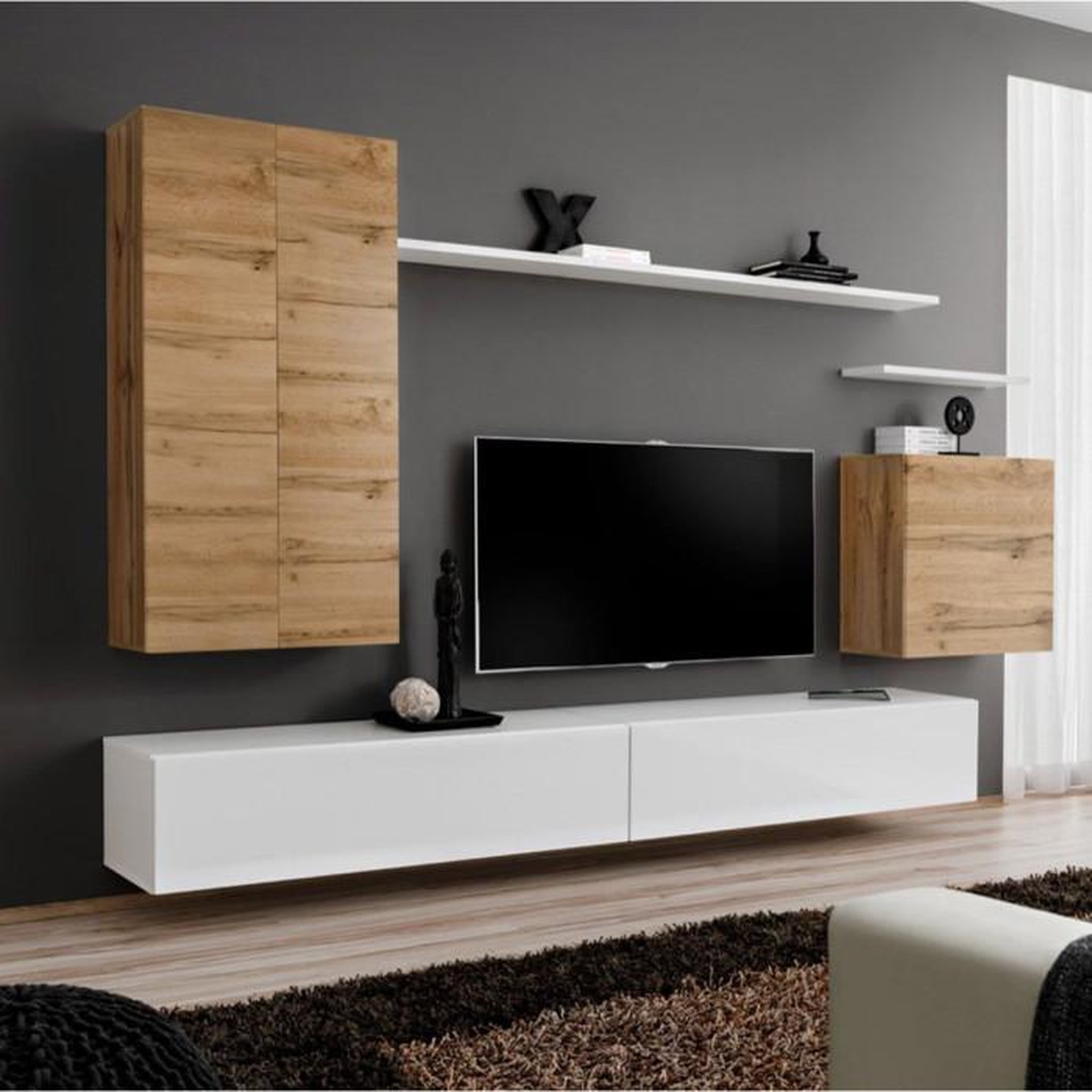 Voir la diapositive 1 : Paris Prix Meuble TV Mural Design  Switch II  270cm Naturel & Blanc
