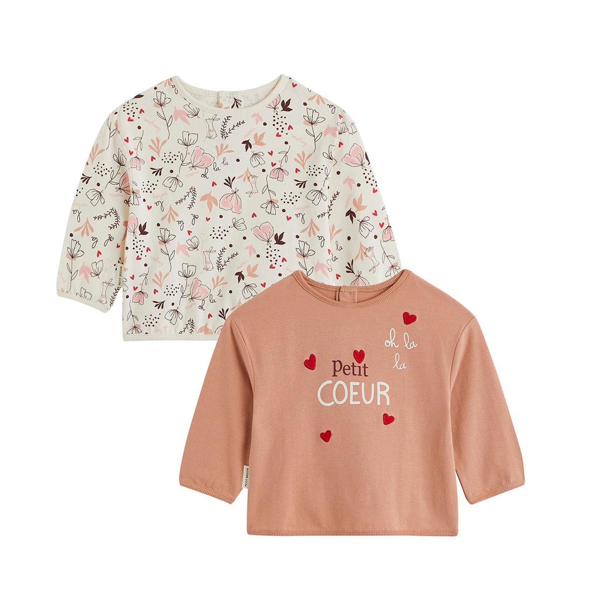 Petit BÃ©guin Lot de 2 t-shirts bébé manches longues aimée. Coloris disponibles : Rose