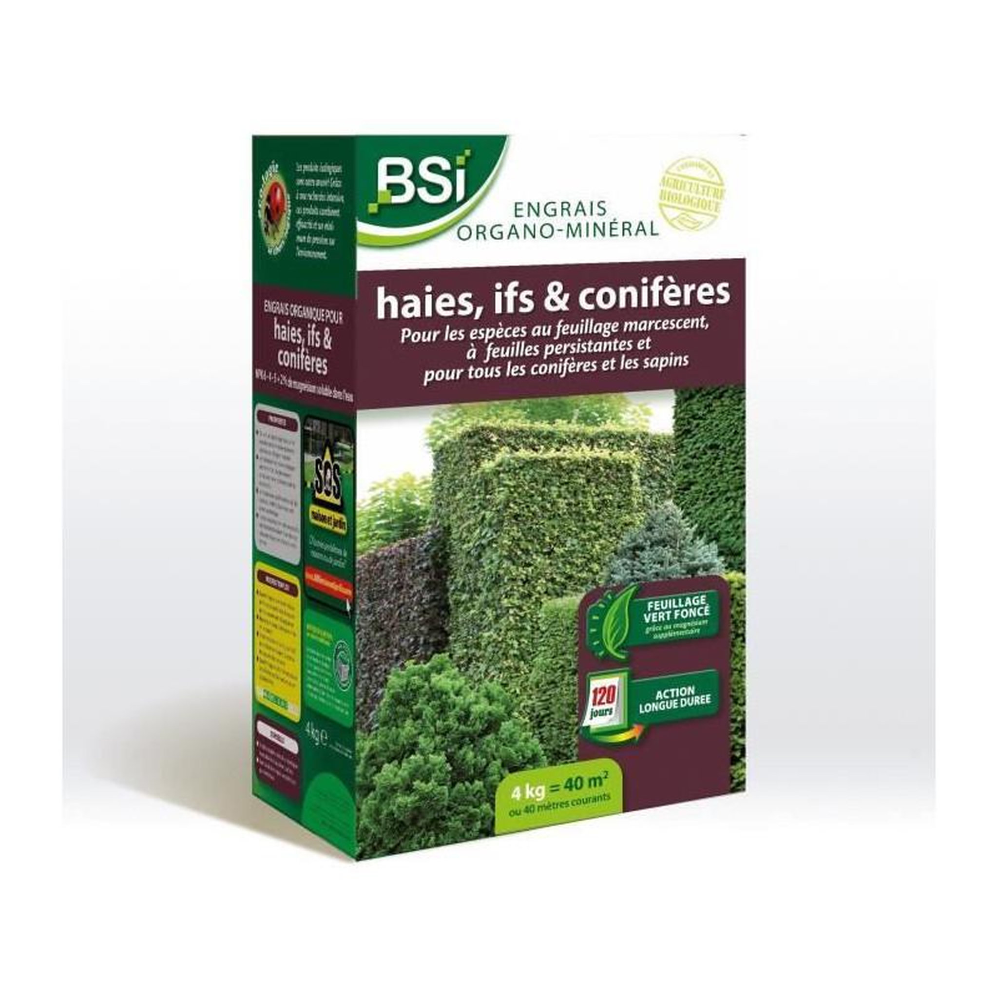 Bsi BSI - Engrais Organo-Minéral Pour Haie / If / Conifere - Pour Tous Les Coniferes Ou Les Sapins - 4Kg - Jusqu'a 40 m² - UAB