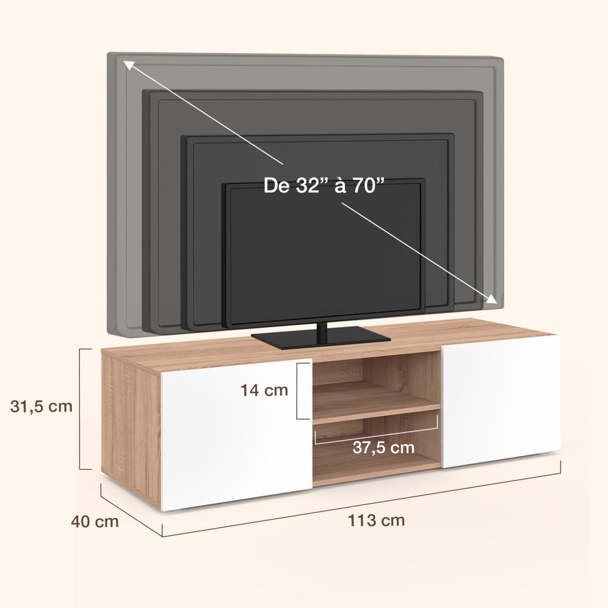 Voir la diapositive 4 : ID MARKET Meuble tv 113 cm eli bois façon hêtre portes blanches