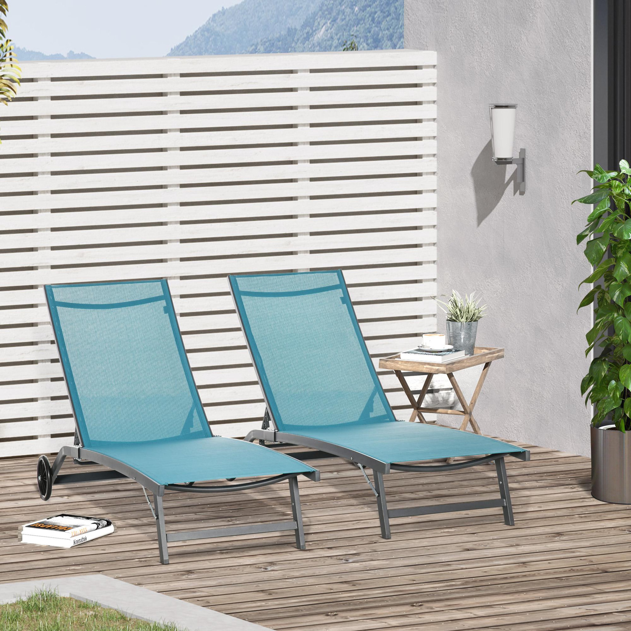 Voir la diapositive 2 : OUTSUNNY Lot de 2 bains de soleil transats inclinables - 2 roulettes - alu. textilène bleu