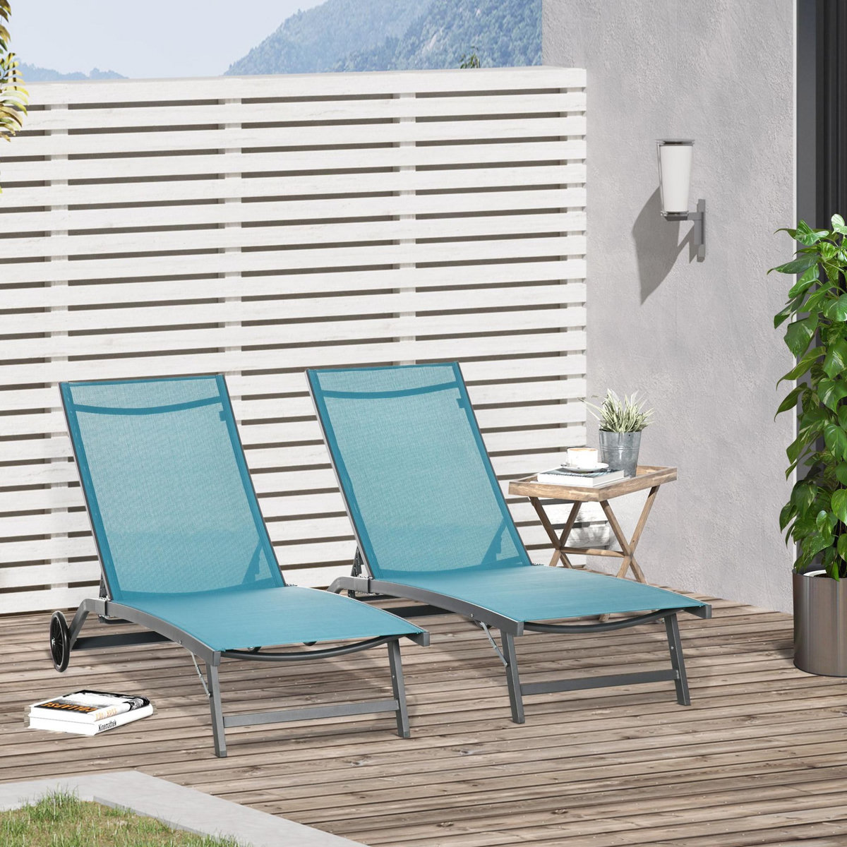 OUTSUNNY Lot de 2 bains de soleil transats inclinables - 2 roulettes - alu. textilène bleu