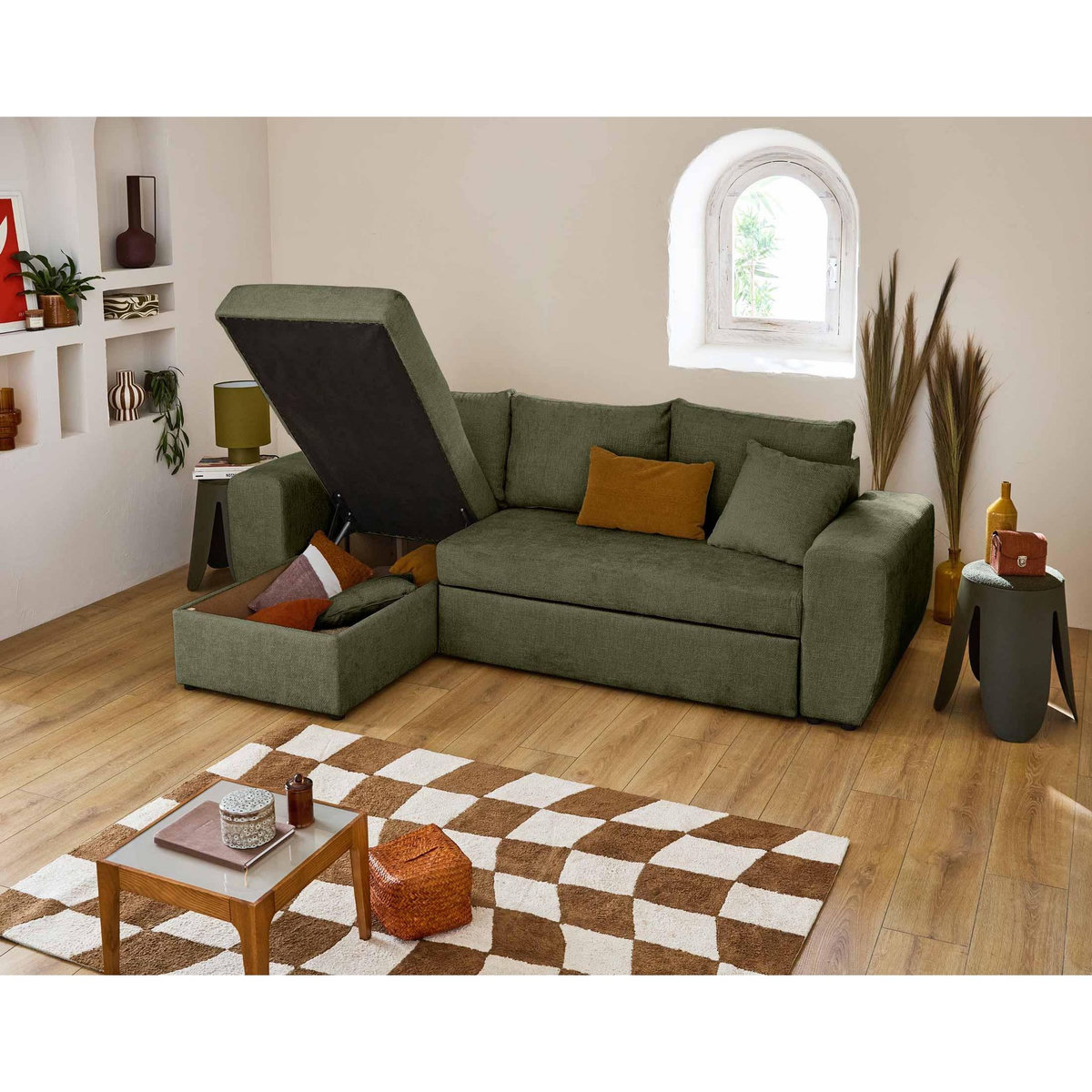 BEST MOBILIER Milan - canapé d'angle réversible 4 places - convertible avec coffre - en velours texturé