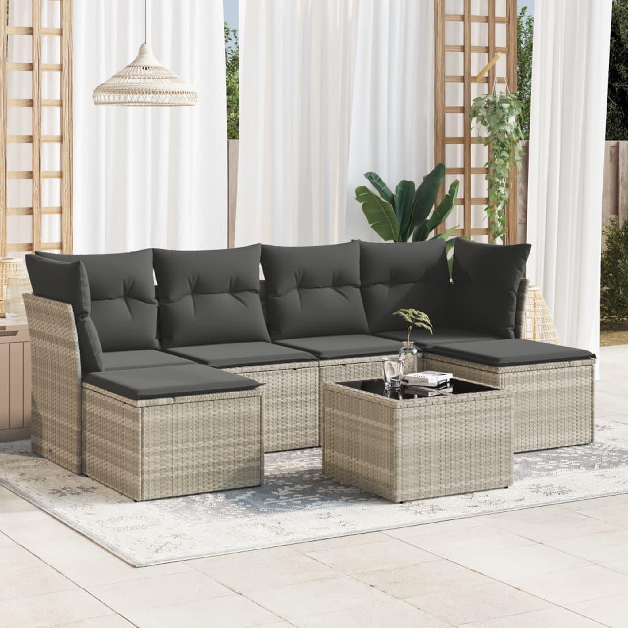 VIDAXL Salon de jardin avec coussins 7 pcs gris clair resine tressee