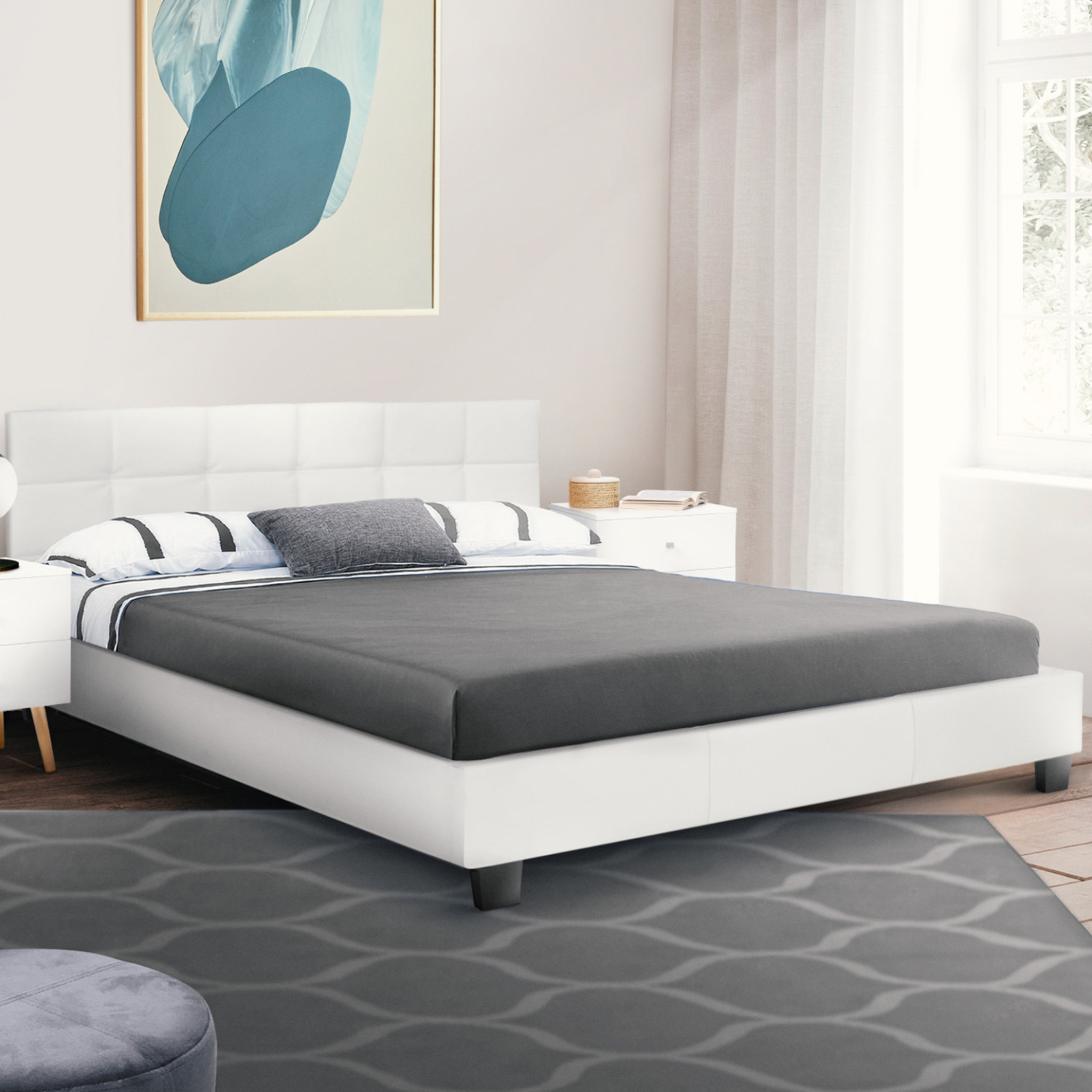 Voir la diapositive 2 : ID MARKET Lit double charlotte avec tête de lit et sommier 160 x 200 cm pvc blanc
