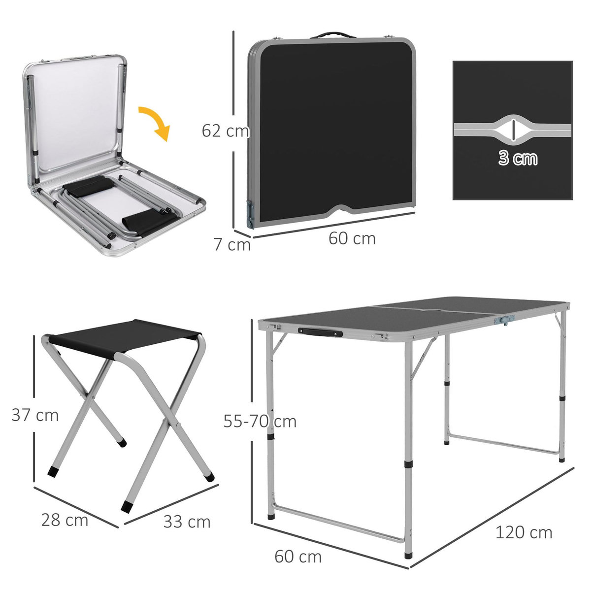 OUTSUNNY Ensemble table et chaises pliantes de camping - Hauteur table réglable, Trou de parasol - Gris foncé