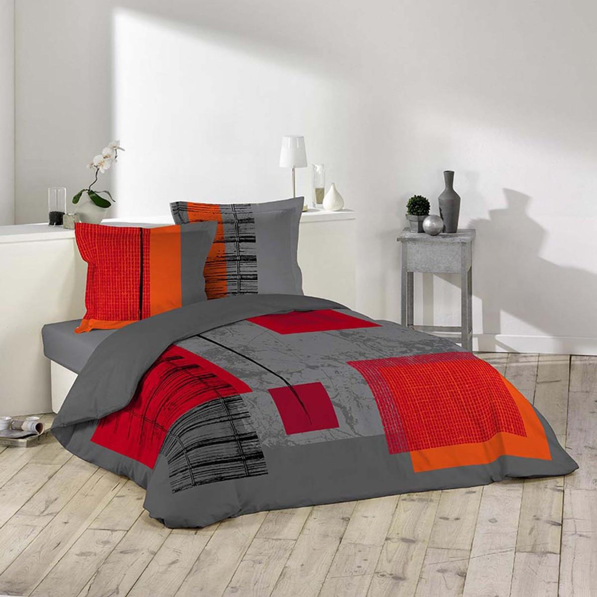 Douceur d'Intérieur Parure de lit 3 pièces  quadro  240x220cm gris & rouge