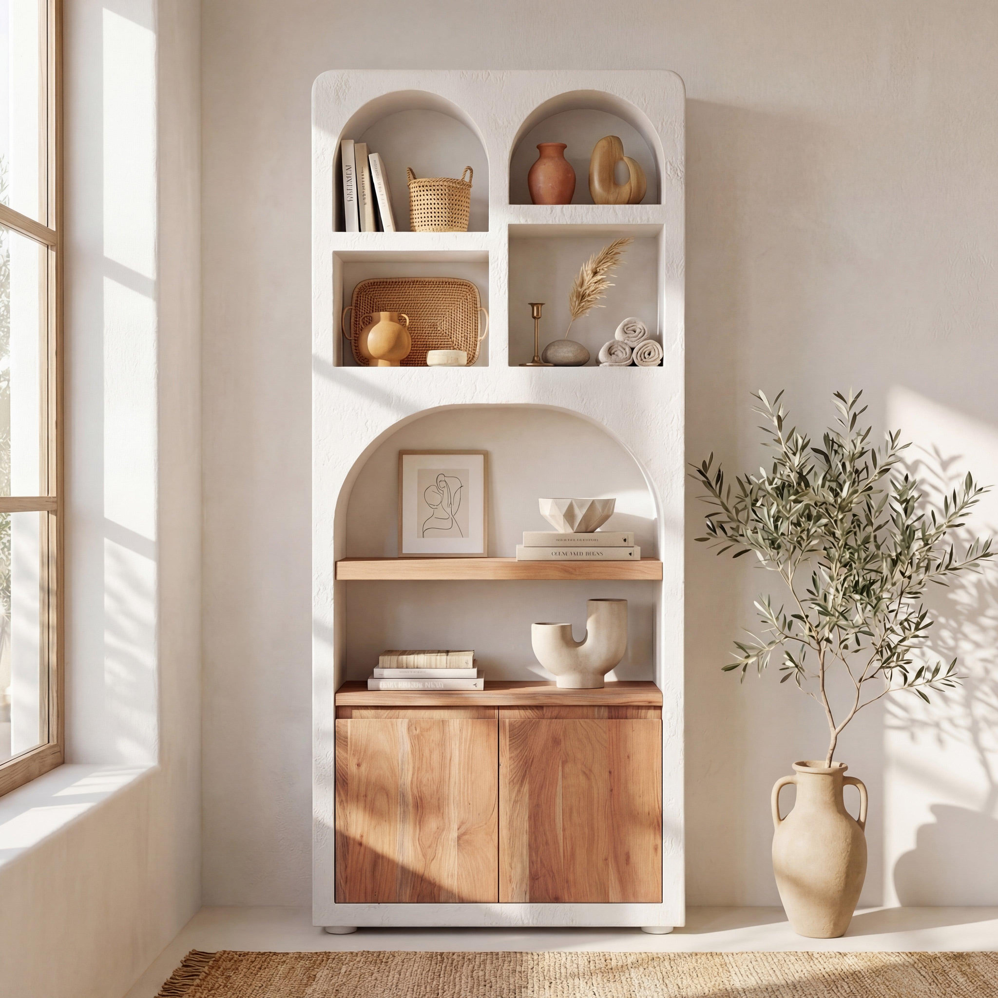 Voir la diapositive 2 : MAISON PAVANE Bibliothèque en plâtre blanc cassé et bois d'acacia-Fira