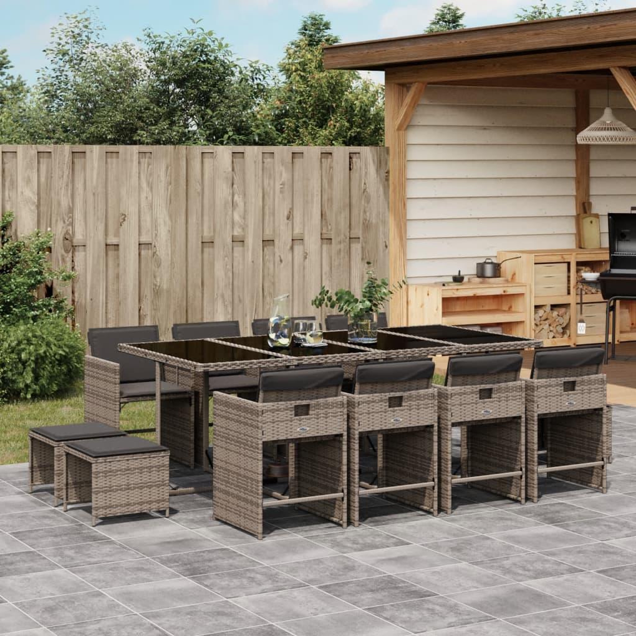 VIDAXL Ensemble a manger de jardin coussins 13 pcs gris resine tressee