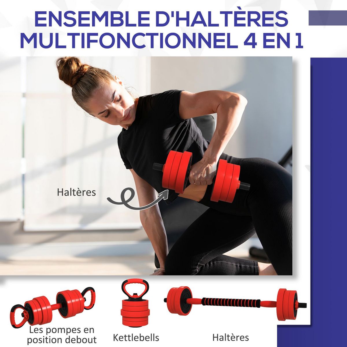 HOMCOM Kit haltères musculation réglables 4 en 1 - total 20 Kg - disques, barres, clips de sécurité inclus - noir rouge