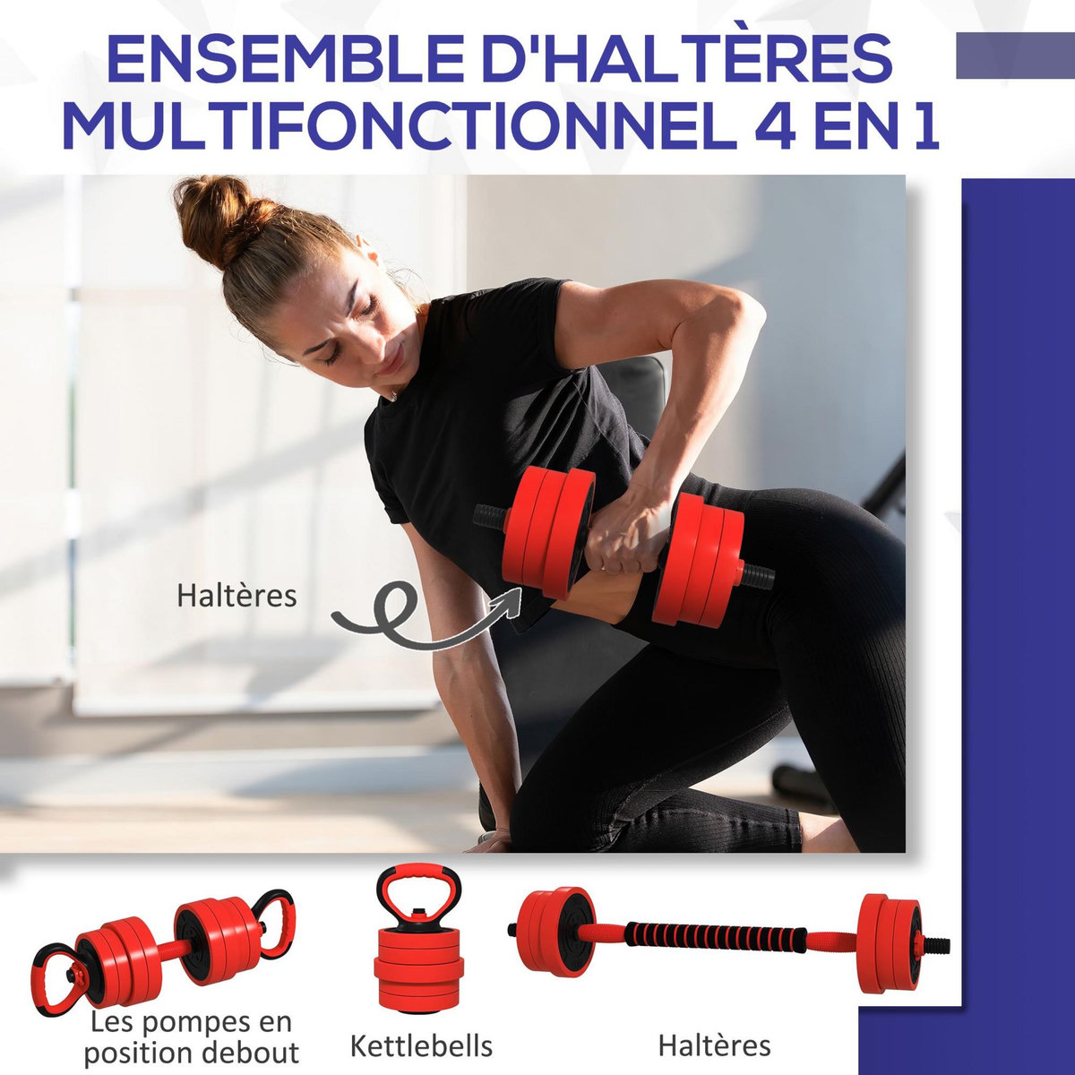 HOMCOM Kit haltères musculation réglables 4 en 1 - total 20 Kg - disques, barres, clips de sécurité inclus - noir rouge