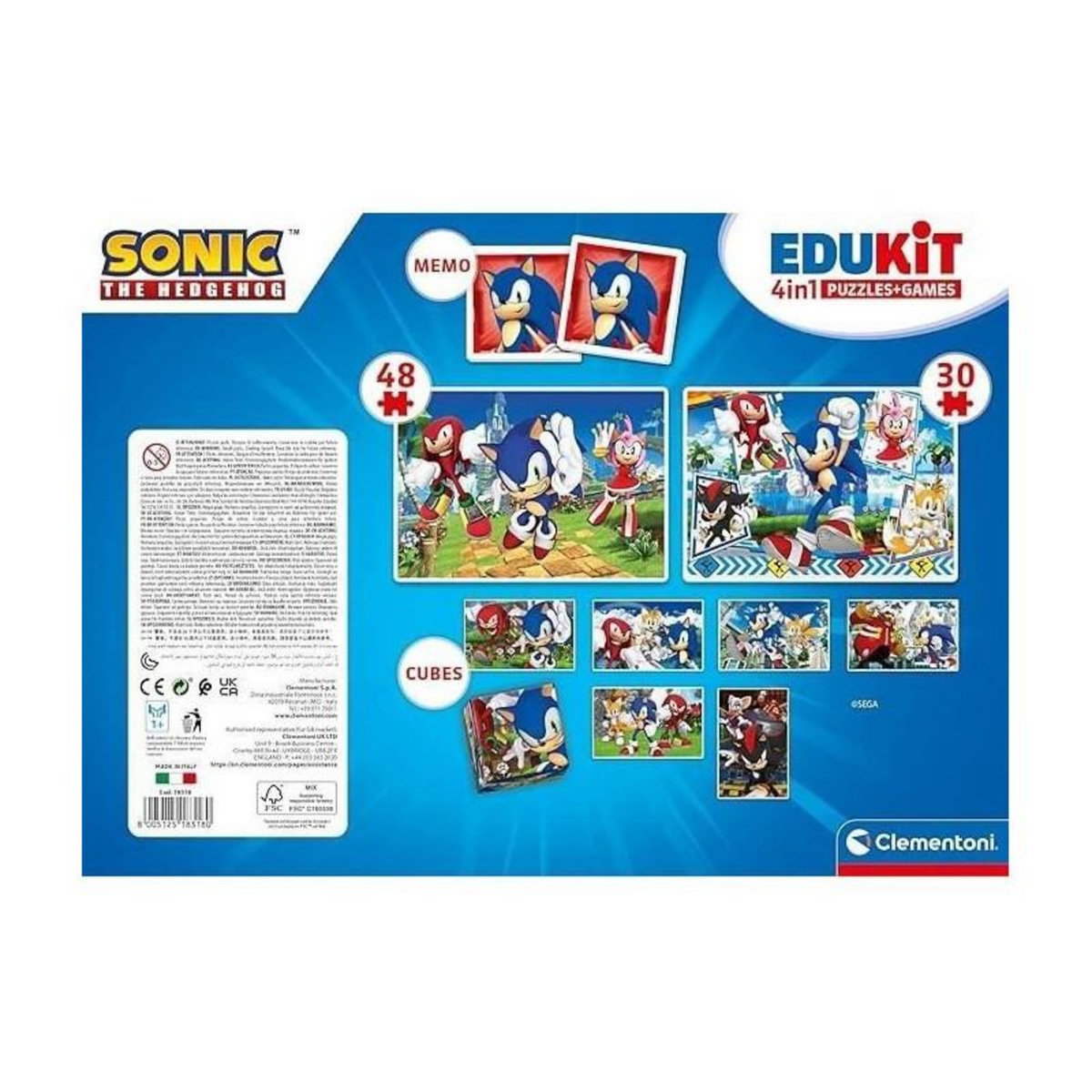 CLEMENTONI Clementoni - Edukit - Sonic - Coffret apprentissage 4 en 1 - 2 puzzles, 1 mémo, 1 jeu de 6 cubes - Fabriqué en Italie -Dés 4a