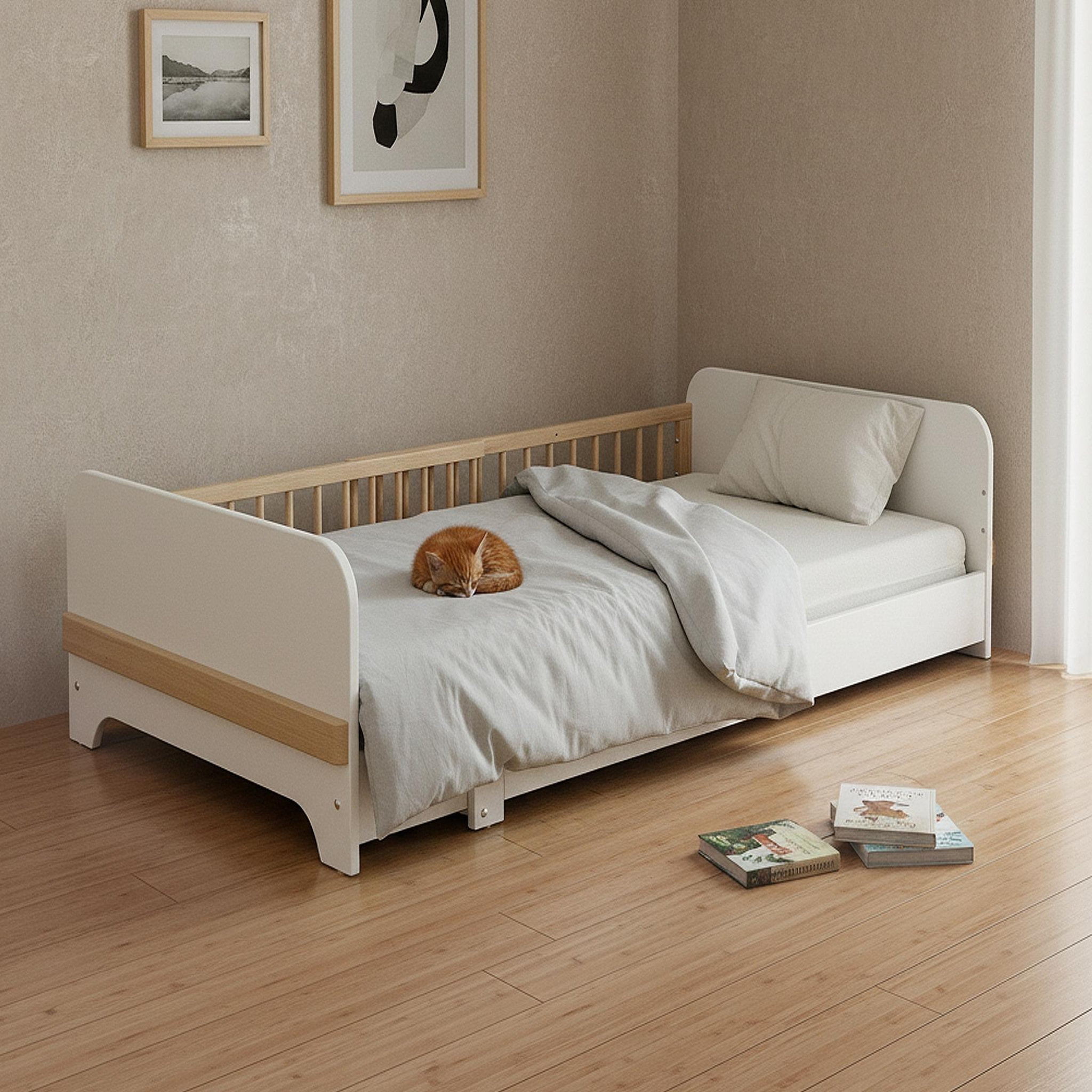 Voir la diapositive 6 : JURABABY Lit au sol enfant extensible en bois 80x140-165-190 carrousel - blanc