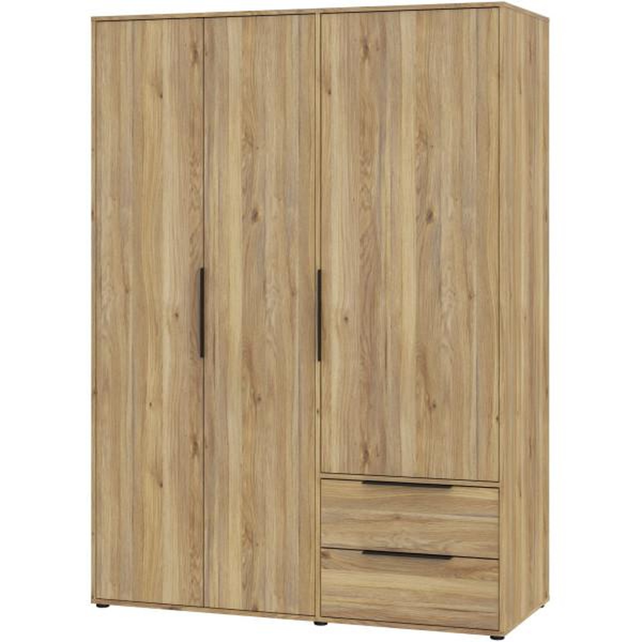Voir la diapositive 6 : MARKET24 Armoire de chambre - Décor Chene - 3 portes battantes + 2 tiroirs - L144,4 x P59 x H200,1 cm - ORKNEY