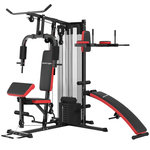 HOMCOM Station de musculation - banc, développé couché, butterfly, barre latissimus et traction, curler, bande résistance, 10 contrepoids - rouge