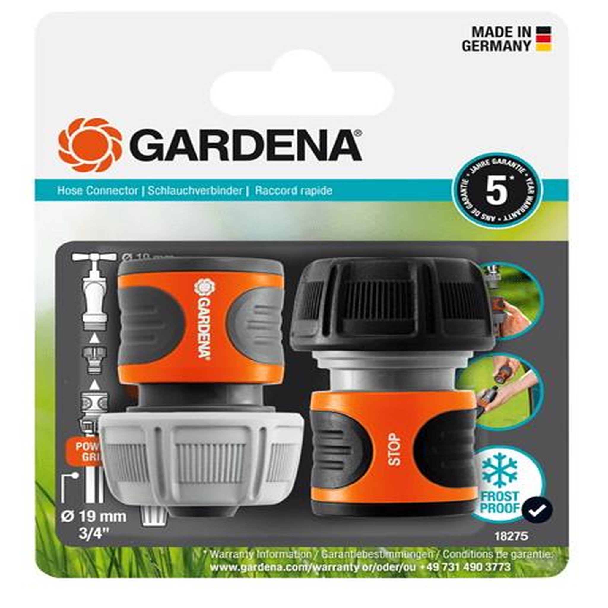 Gardena 2 raccords rapides et aquastop pour tuyaux d'arrosage - 19 mm 3/4