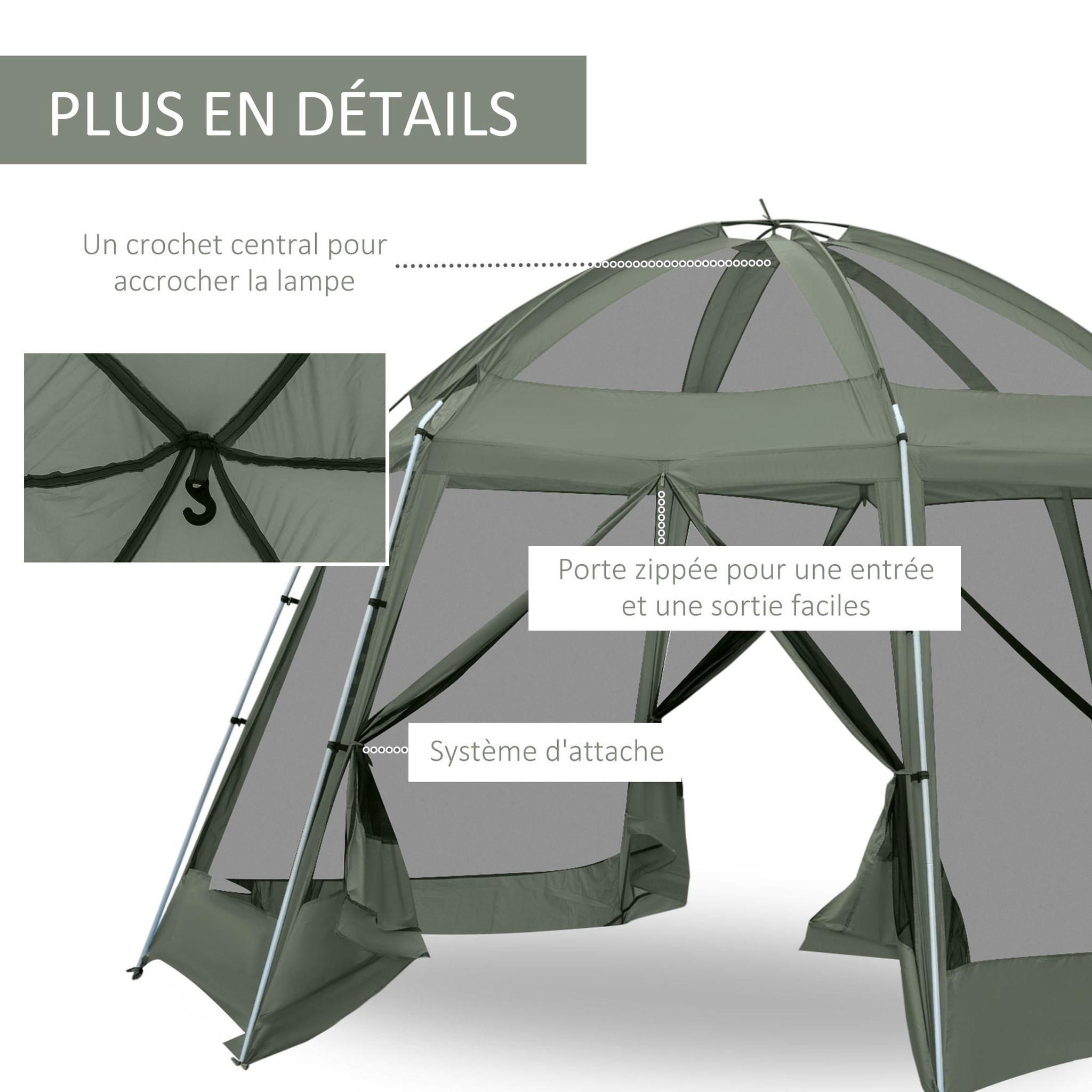 Voir la diapositive 6 : OUTSUNNY Tente de camping familiale 6-8 personnes - tente hexagonale - avec sac de transport et piquets de sol - dim. 493L x 493L x 240H cm fibre verre polyester - vert