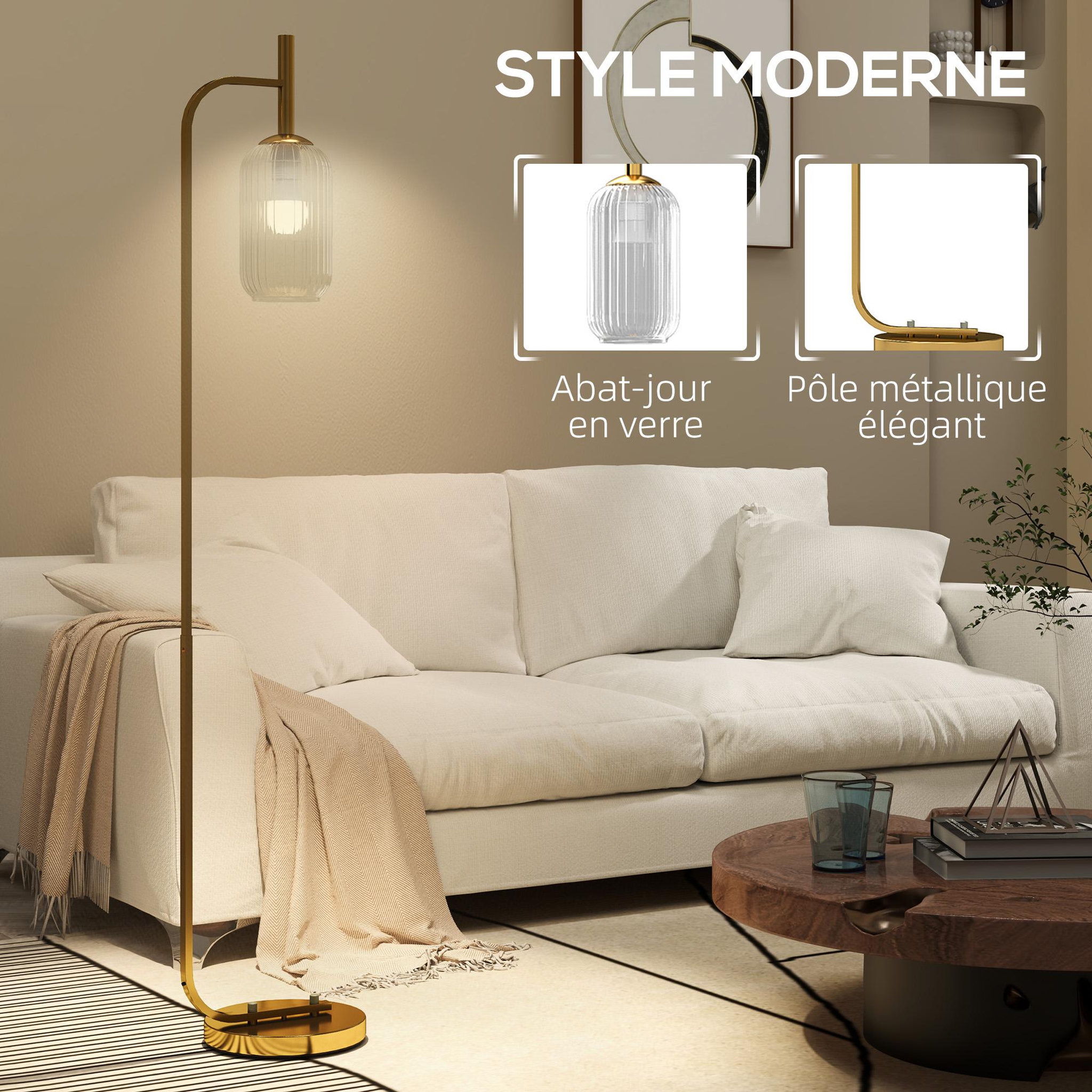 Voir la diapositive 5 : HOMCOM Lampadaire sur pied style rétro h.153 cm piètement mât métal doré abat-jour verre texturé