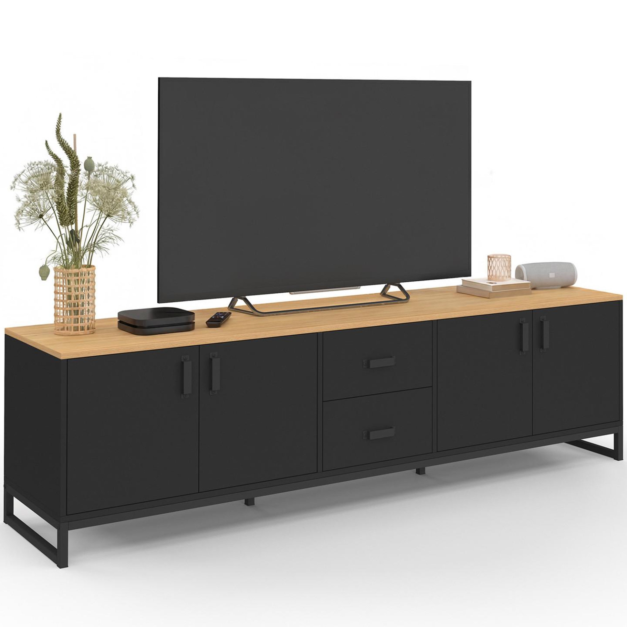 ID MARKET Meuble tv 180 cm washington 4 portes et 2 tiroirs bois et noir